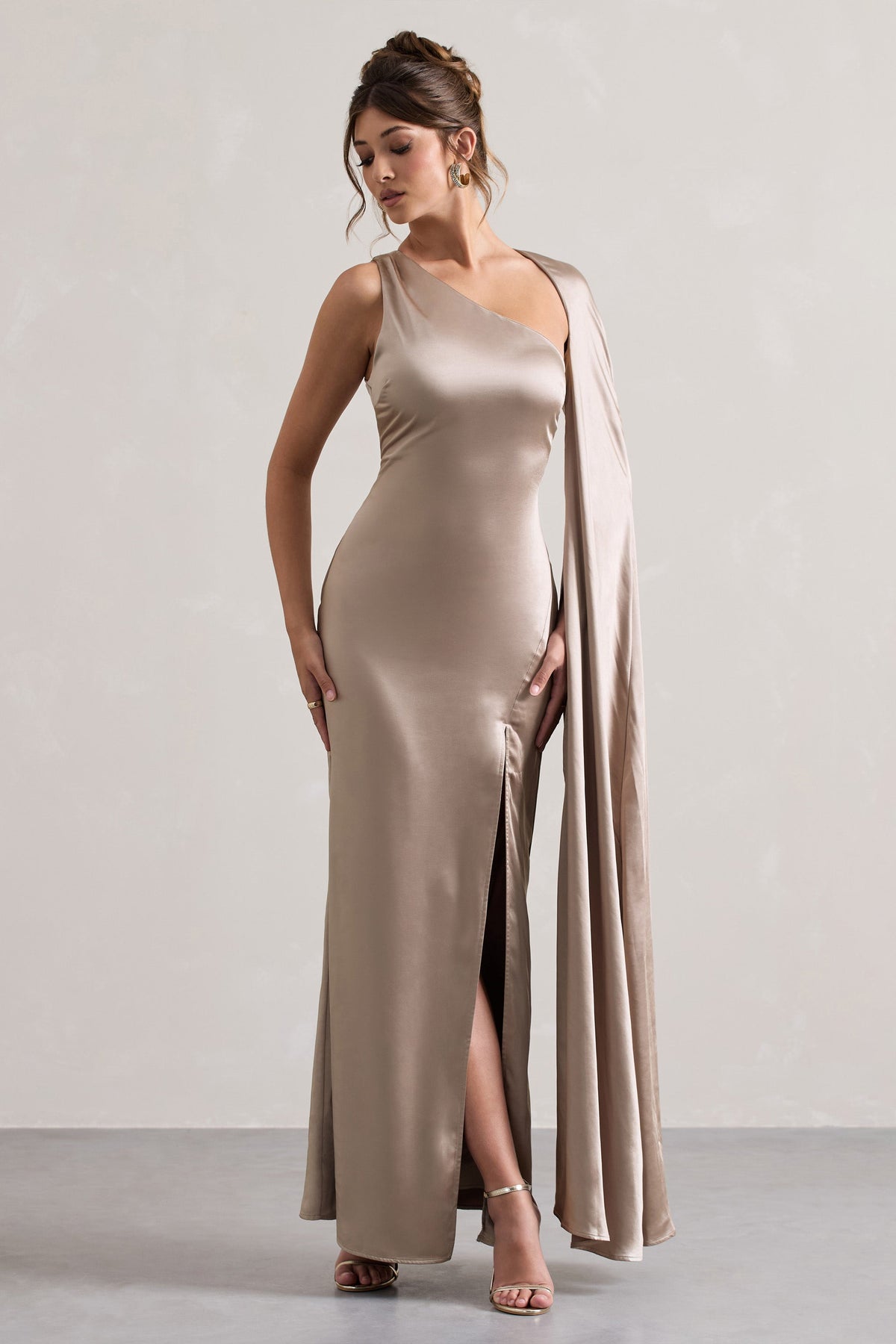 Gala Taupe Satin One-Shoulder Cape Sleeve Split Maxi Dress Club L London - USA Gala Taupe Satin One-Shoulder Cape Sleeve Split Maxi Dress Club L London - USA