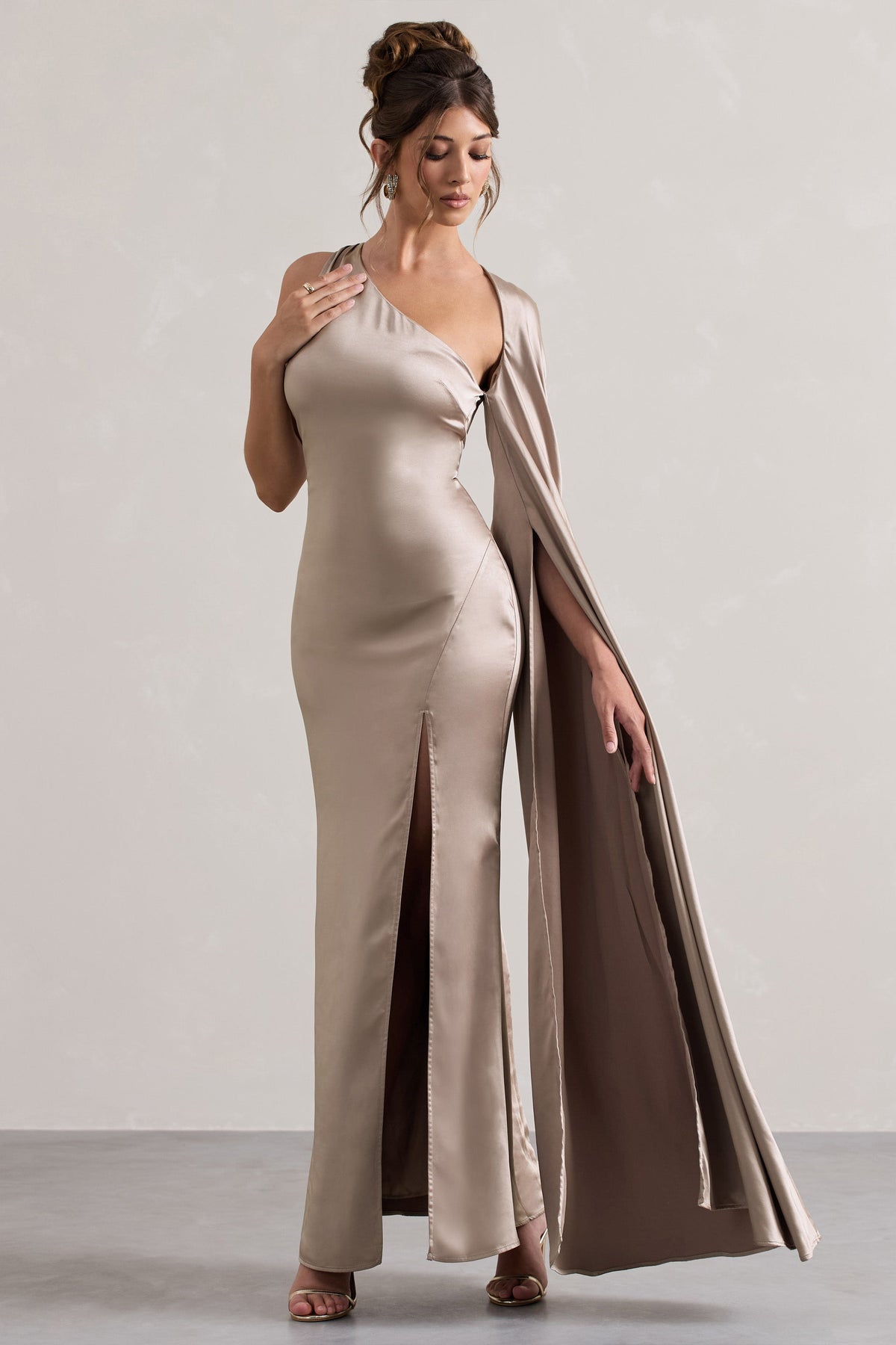Gala Taupe Satin One-Shoulder Cape Sleeve Split Maxi Dress Club L London - USA Gala Taupe Satin One-Shoulder Cape Sleeve Split Maxi Dress Club L London - USA