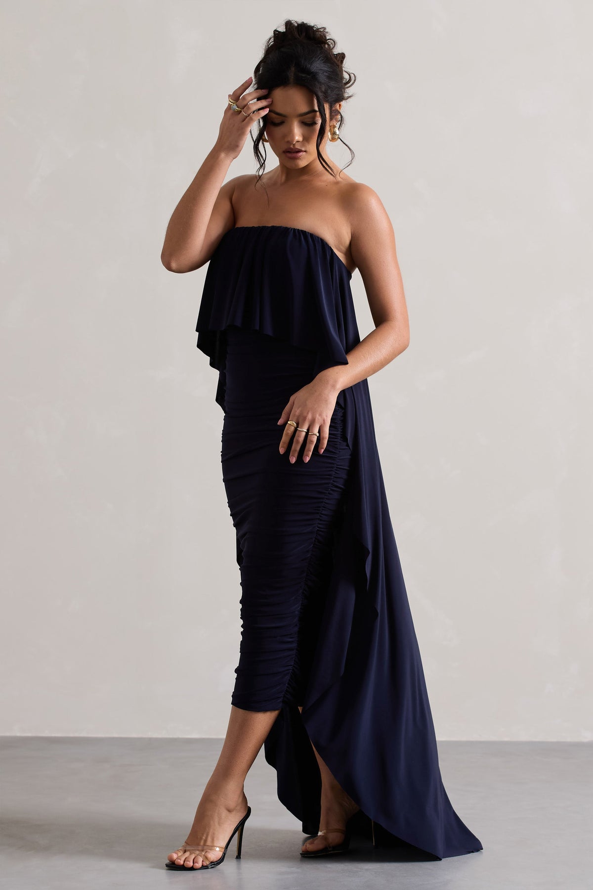 Upon A Time Navy Ruched Bandeau Midi Dress With Cape Club L London - USA Upon A Time Navy Ruched Bandeau Midi Dress With Cape Club L London - USA