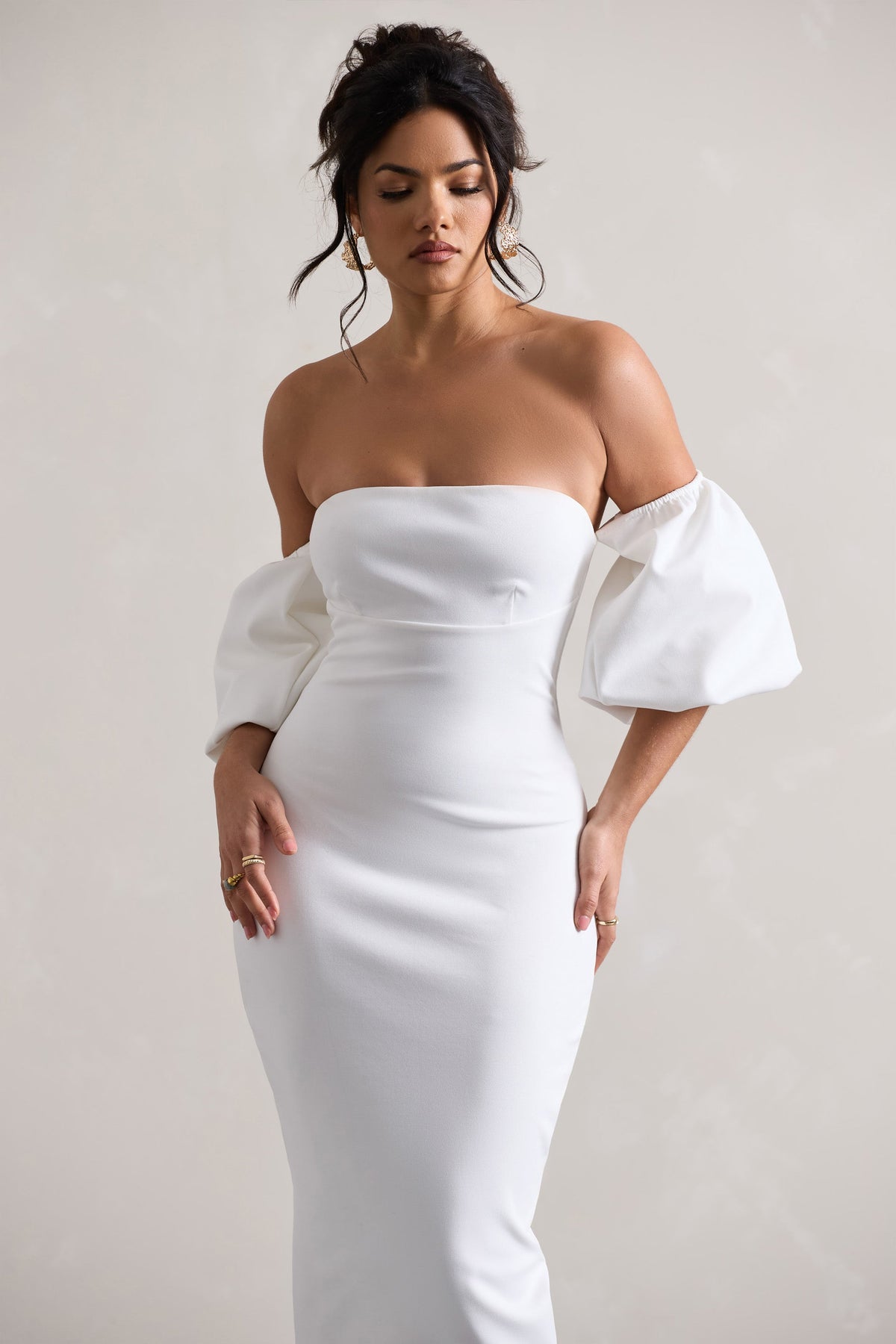 Keira White Bardot Puff-Sleeve Midi Dress – Club L London - USA