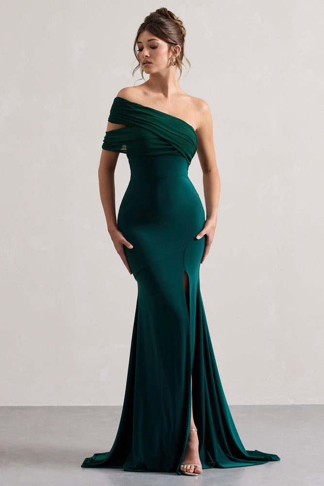 Fused Bottle Green Asymmetric Bardot Split Maxi Dress – Club L London - USA