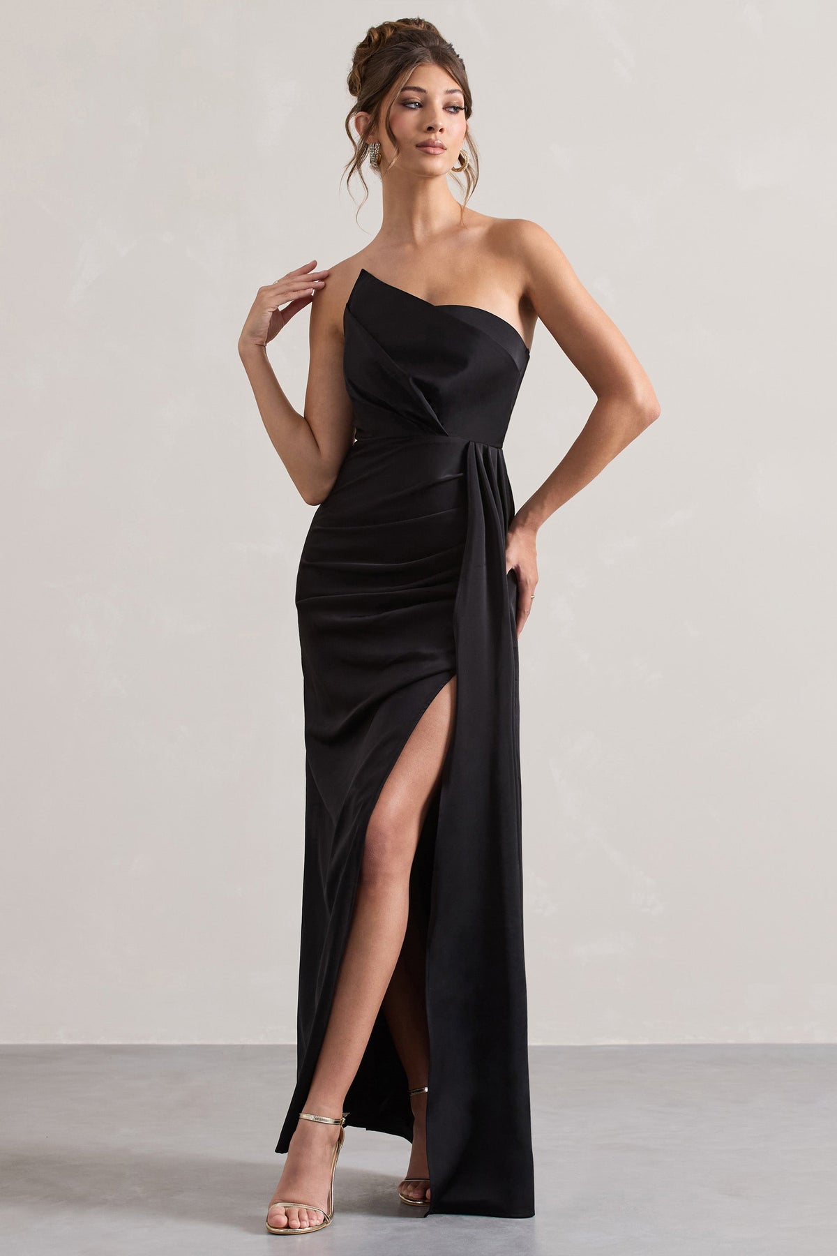 Hollywood | Black Satin Strapless Draped Maxi Dress