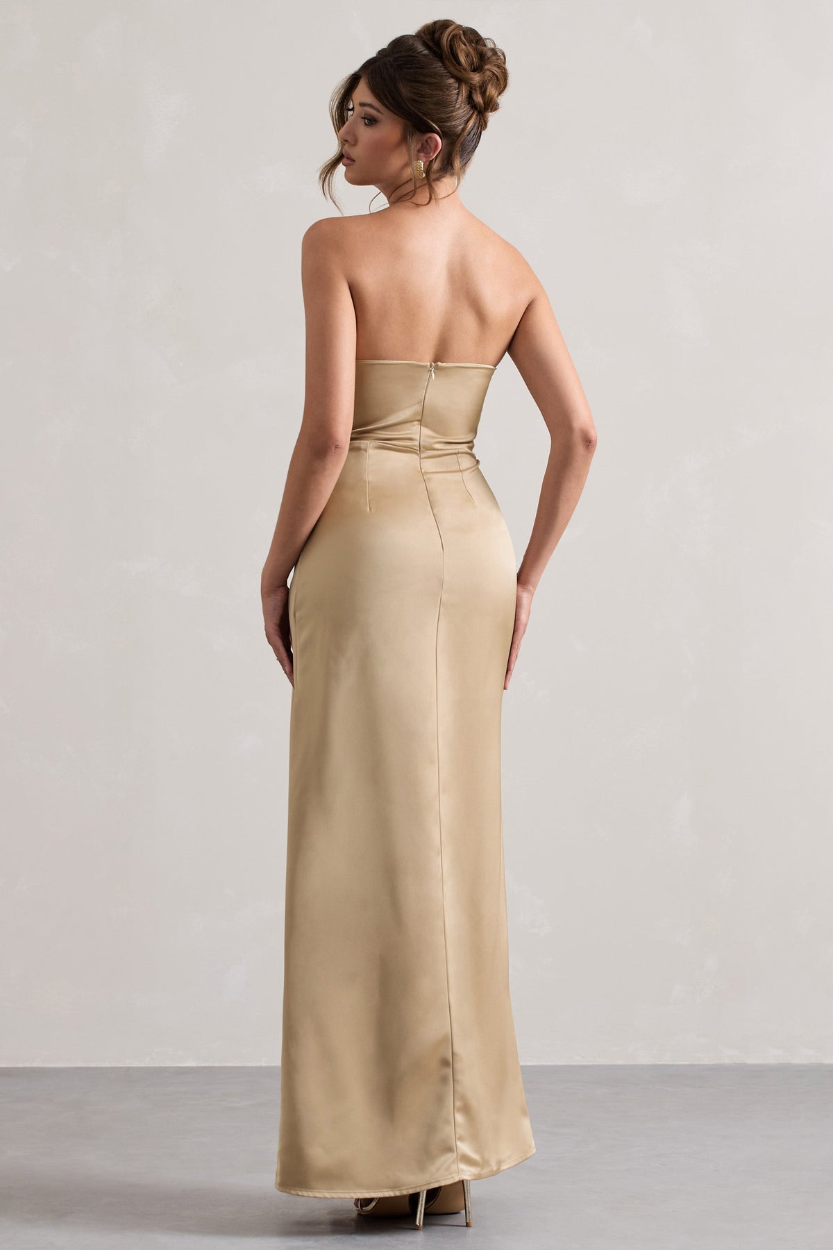 Hollywood Champagne Satin Strapless Draped Maxi Dress – Club L London - USA