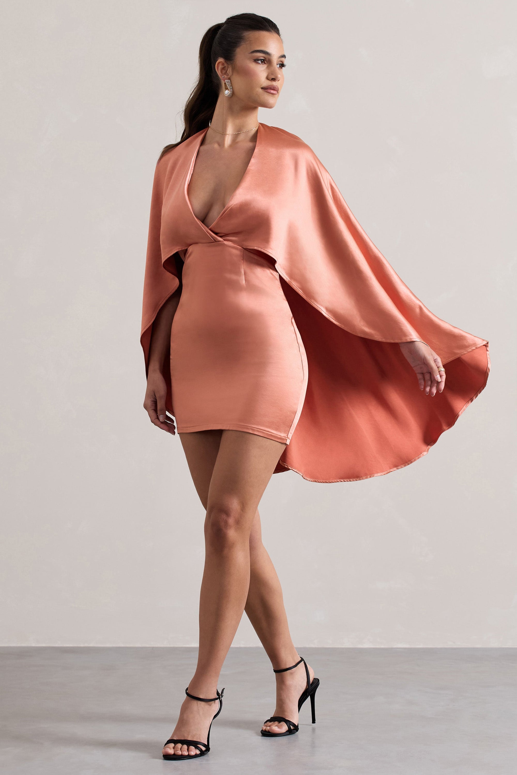 Olsen | Coral Satin Plunge-Neck Cape Mini Dress - Club L London - USA