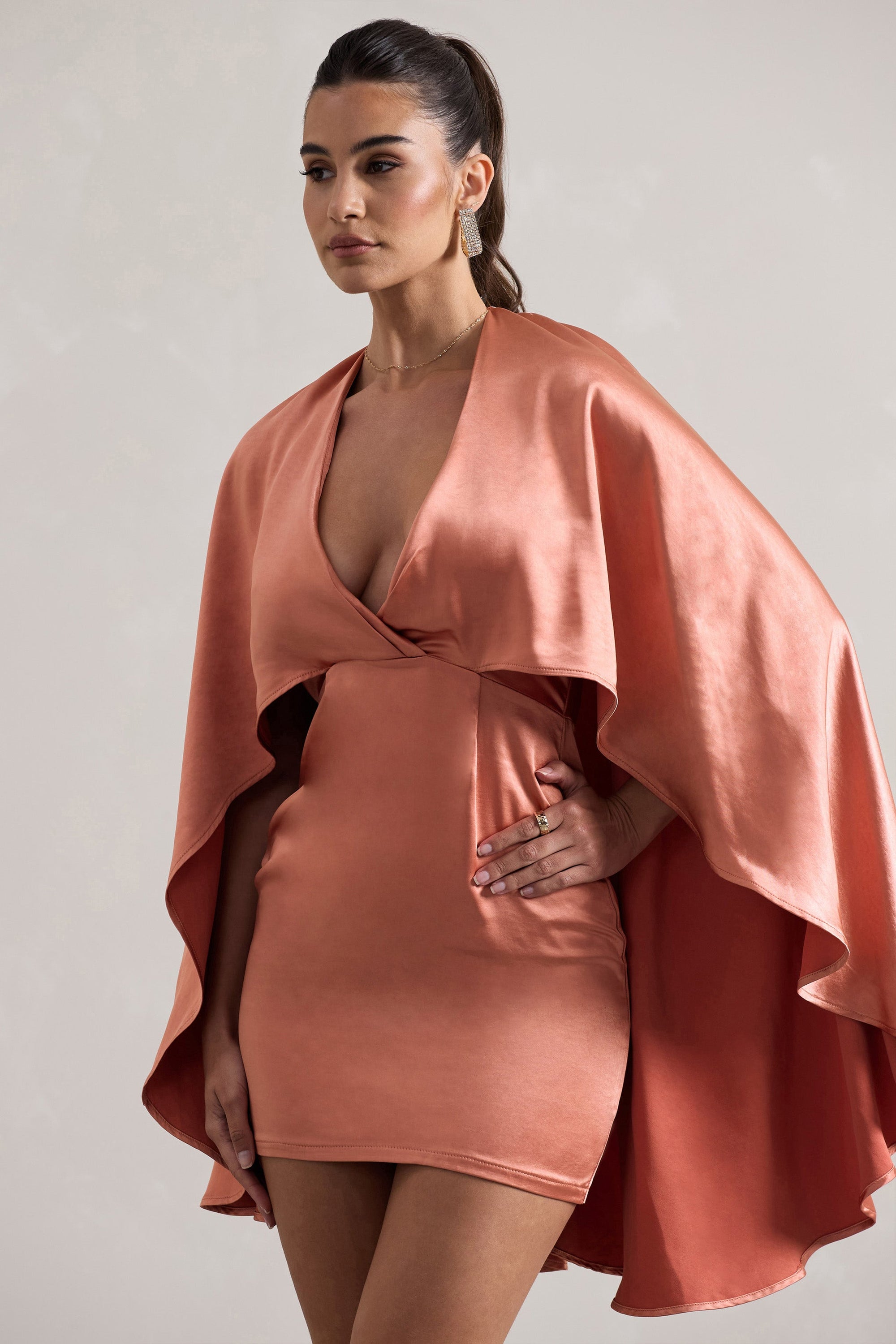 Olsen | Coral Satin Plunge-Neck Cape Mini Dress - Club L London - USA
