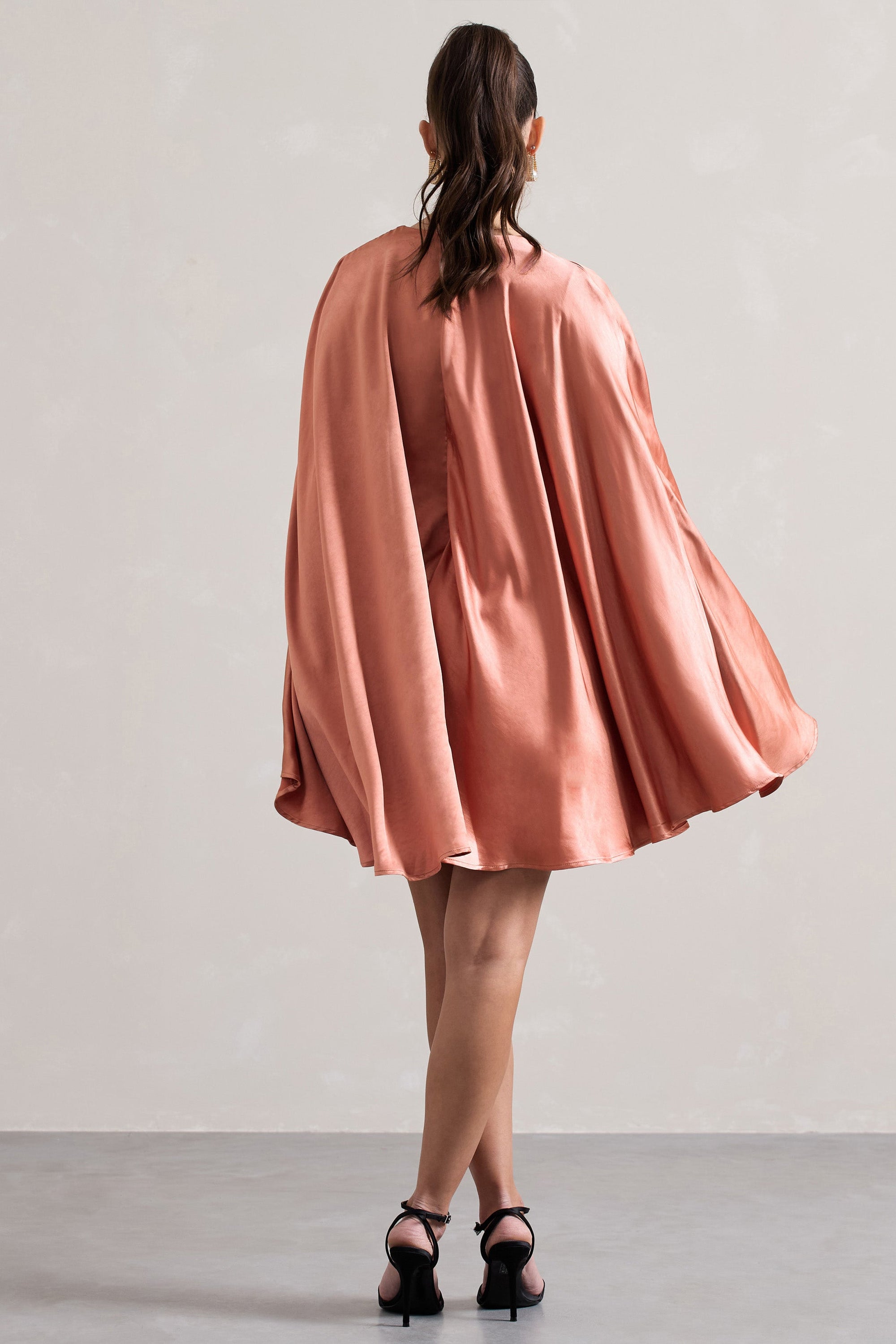 Olsen | Coral Satin Plunge-Neck Cape Mini Dress - Club L London - USA