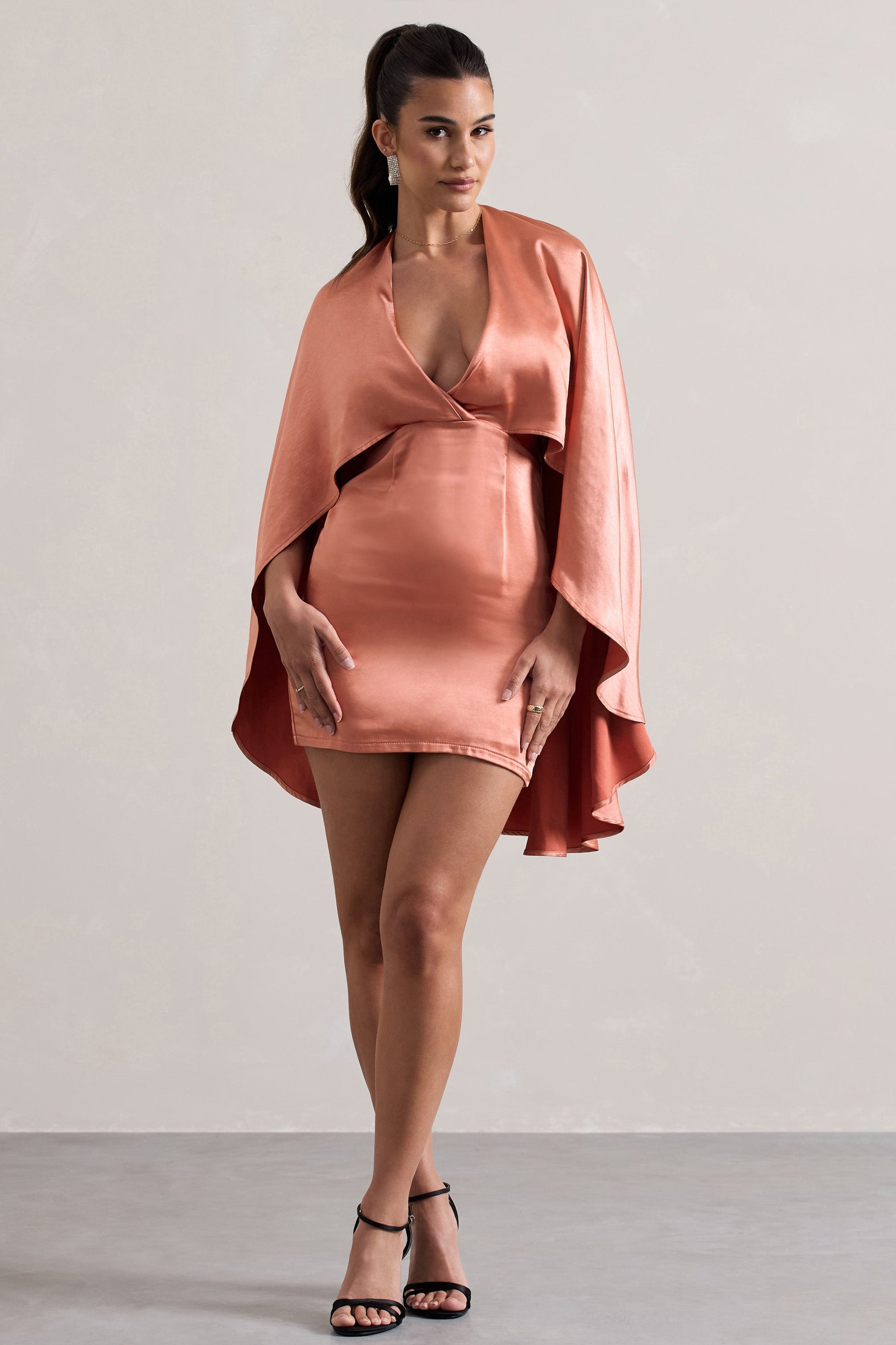Olsen | Coral Satin Plunge-Neck Cape Mini Dress - Club L London - USA
