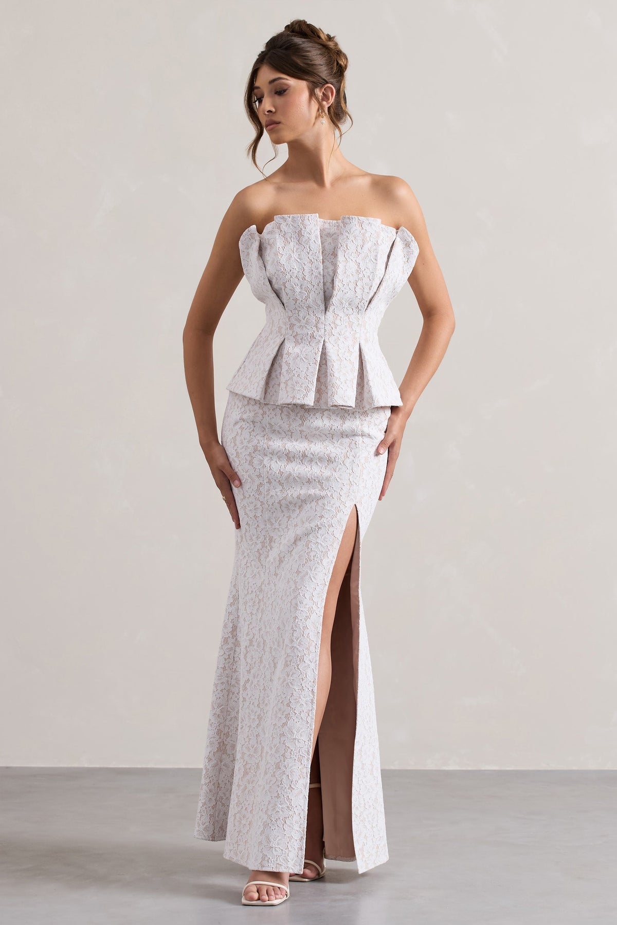 Kaleido White Lace Strapless Ruffled Split Maxi Dress Club L London - USA Kaleido White Lace Strapless Ruffled Split Maxi Dress Club L London - USA