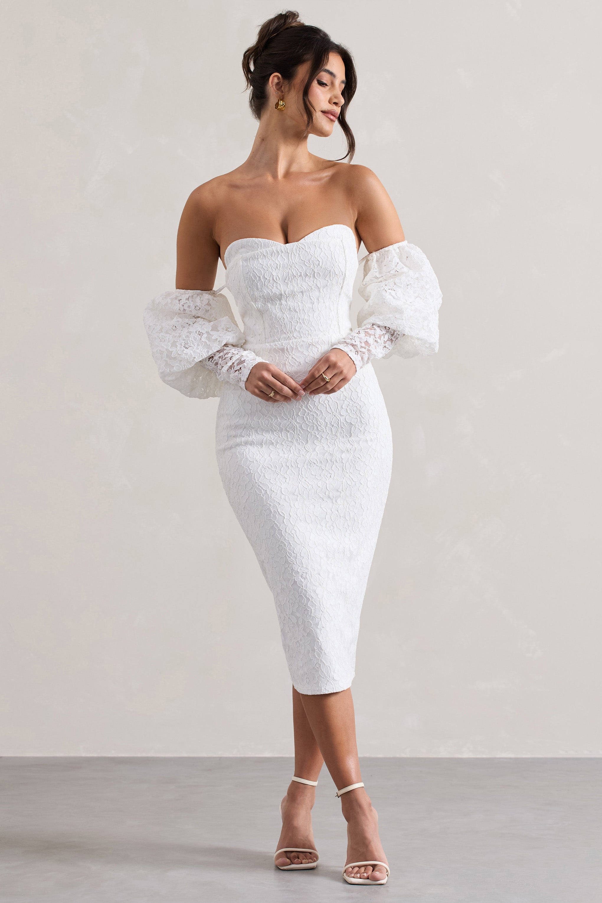 Mary White Lace Bardot Puff-Sleeve Midi Dress Midi Dresses