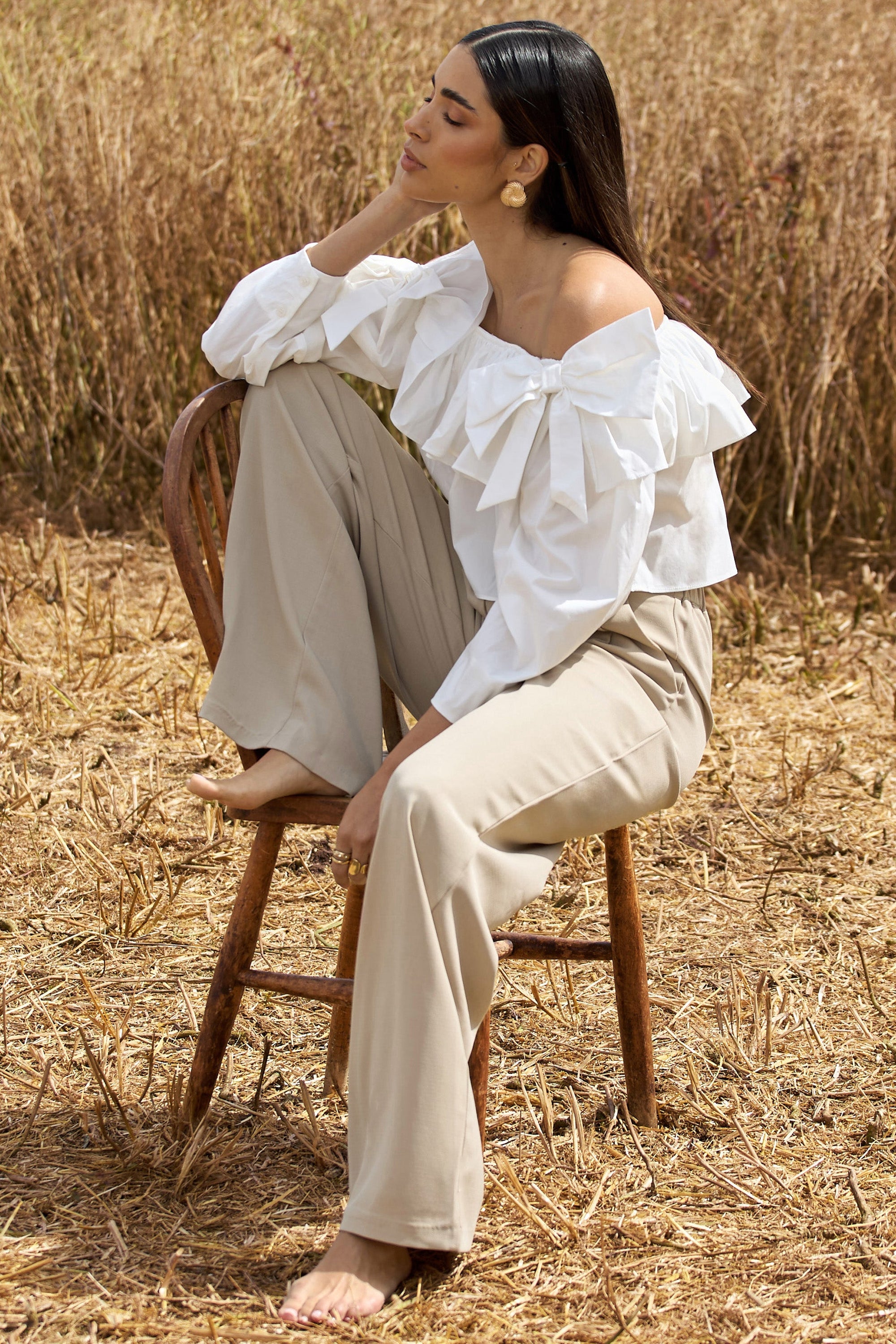 Cove | White Bardot Puff-Sleeve Ruffle Top With Bows - Club L London - USA