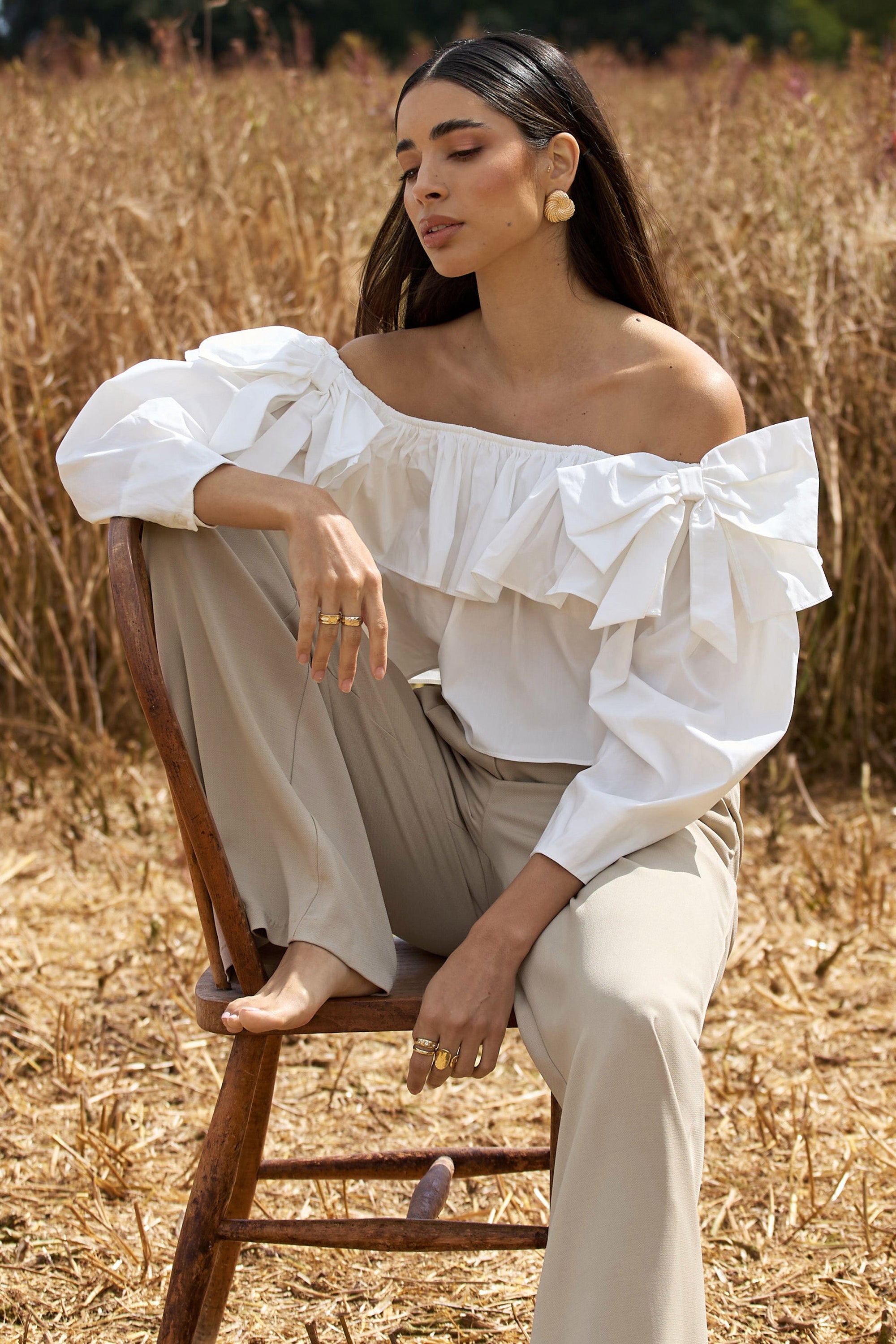 Cove | White Bardot Puff-Sleeve Ruffle Top With Bows - Club L London - USA