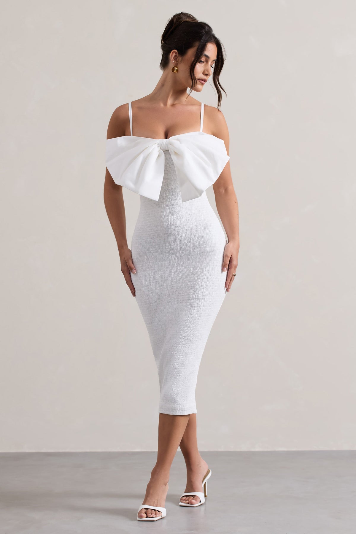 Love Poem White Bodycon Midi Dress With Oversized Bow Club L London - USA Love Poem White Bodycon Midi Dress With Oversized Bow Club L London - USA