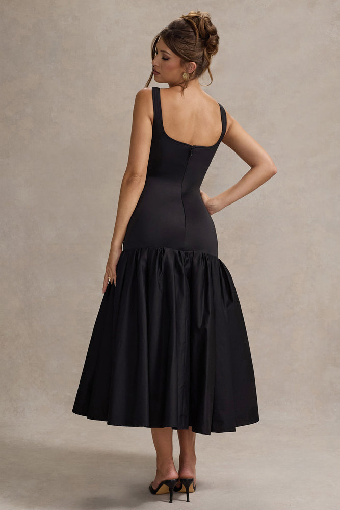 Parida Black Poplin Drop-Waist Maxi Dress With Peplum Hem