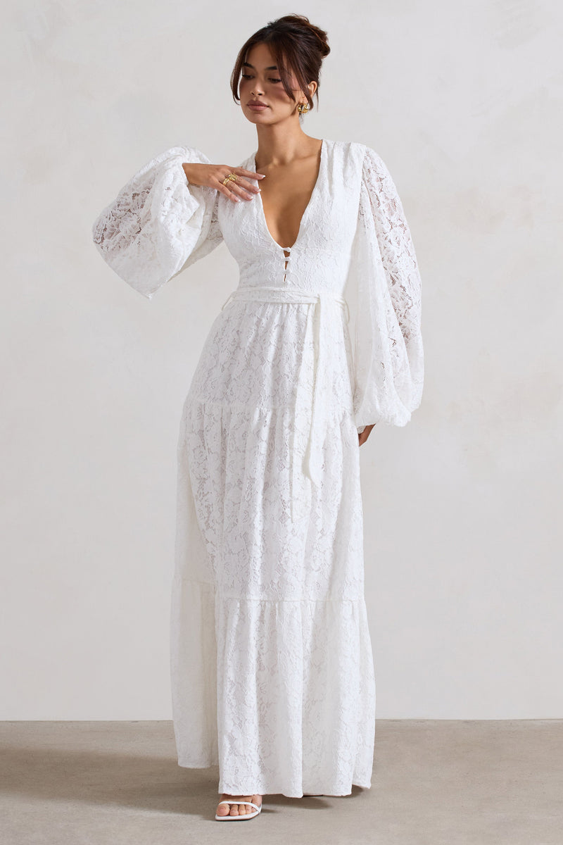 Nixie White Lace Puff-Sleeve Layered Maxi Dress With Belt – Club L ...