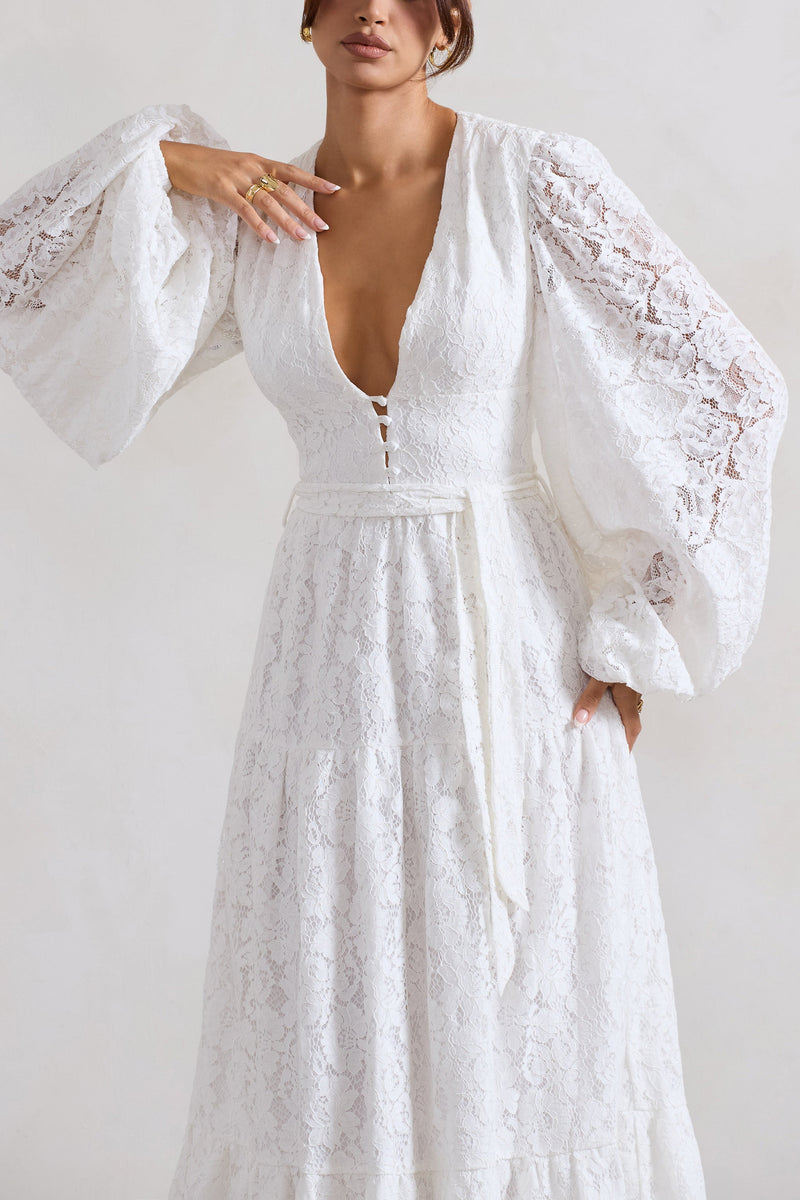 Nixie White Lace Puff-Sleeve Layered Maxi Dress With Belt – Club L ...