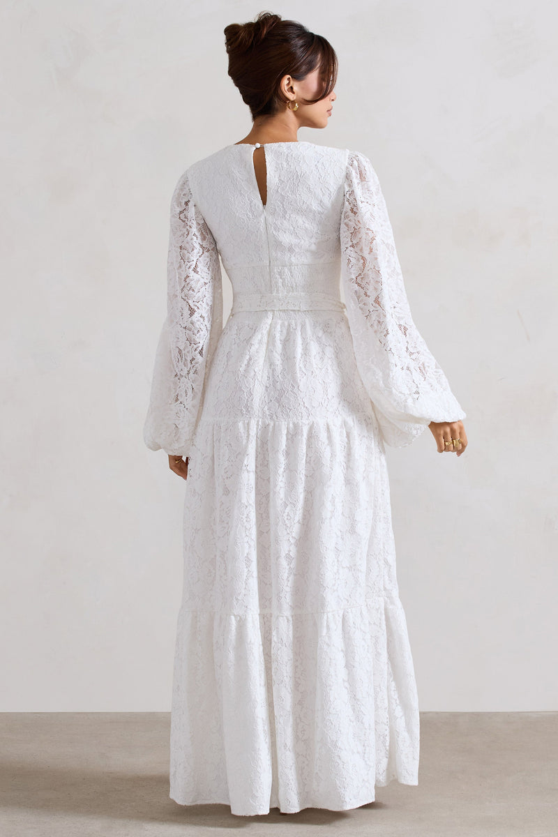 Nixie White Lace Puff-Sleeve Layered Maxi Dress With Belt – Club L ...