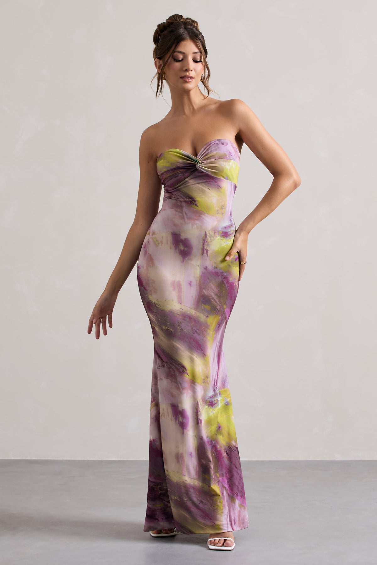 lilac floor length dress Santiago Lilac Print Strapless Twist Maxi Dress – Club L London