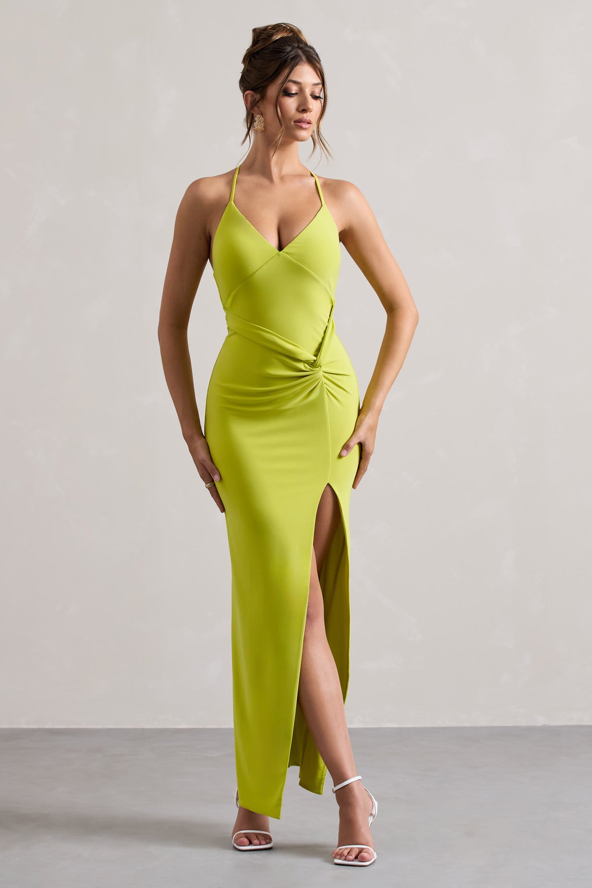 Domenica Lime Green Halter-Neck Wrap Maxi Dress Club L London - USA Domenica Lime Green Halter-Neck Wrap Maxi Dress Club L London - USA