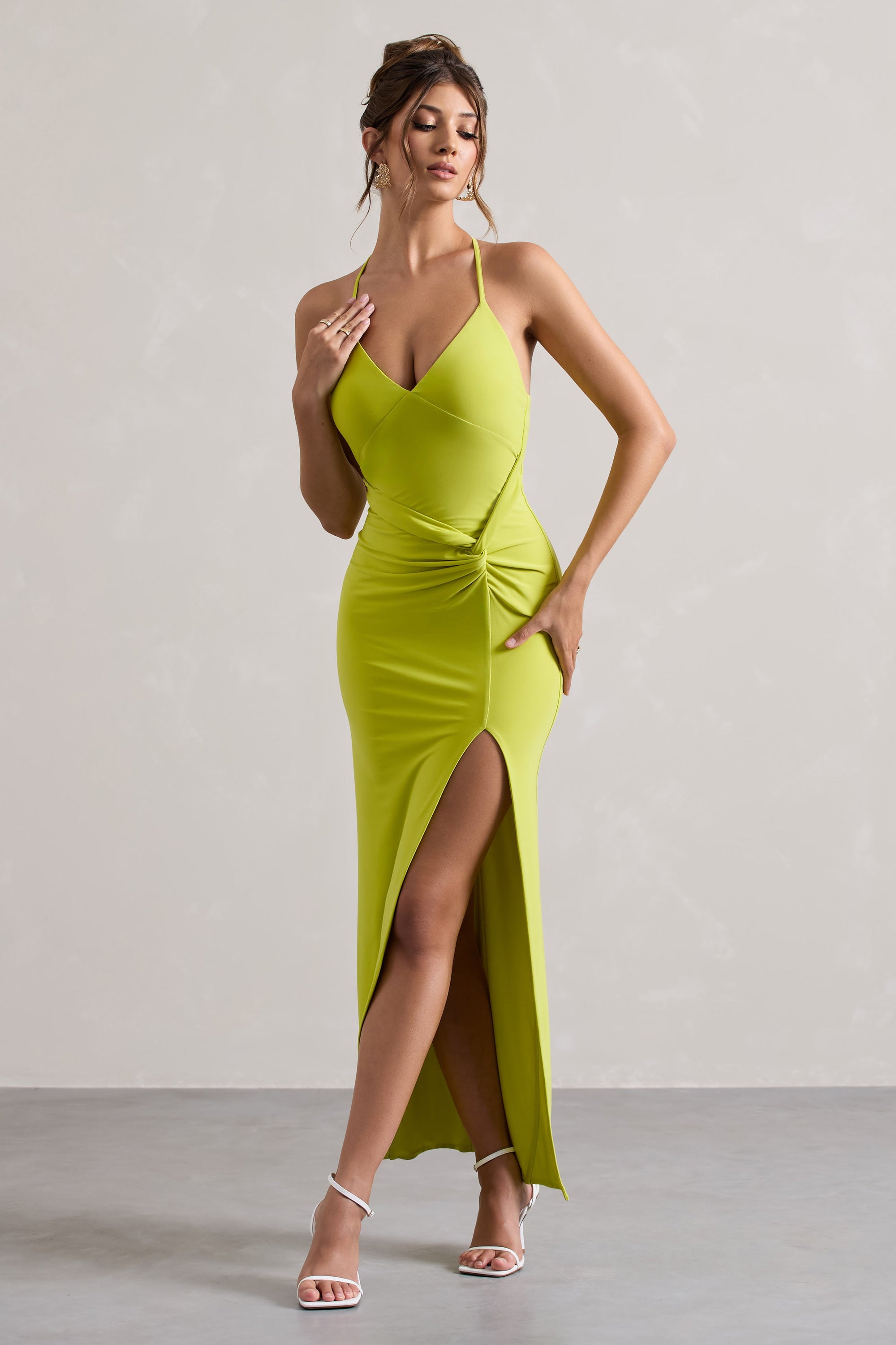 Domenica | Lime Green Halter-Neck Wrap Maxi Dress - Club L London - USA