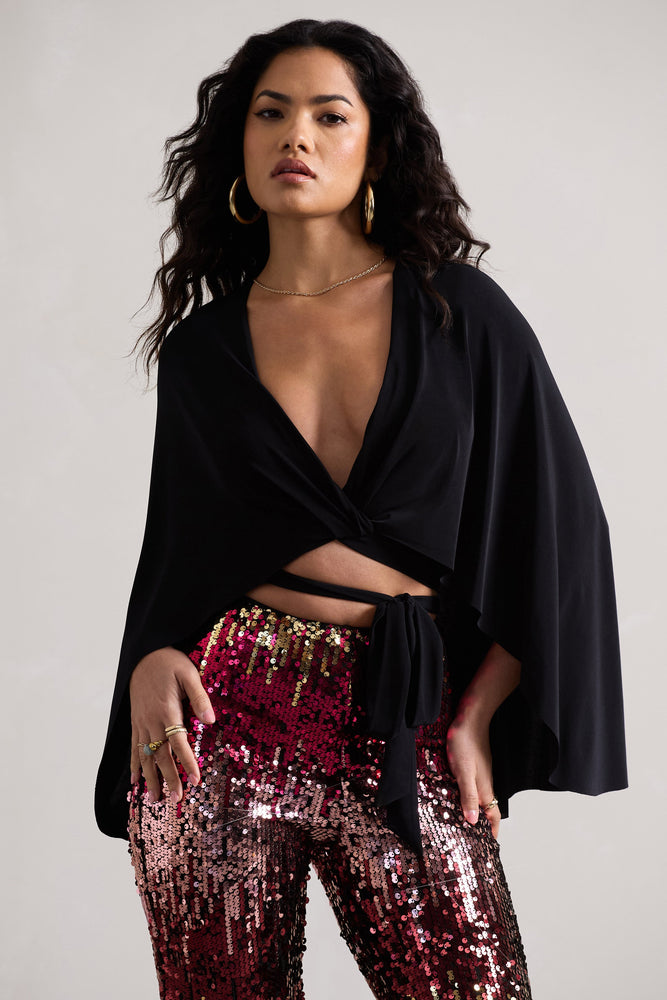 Scorpio Black Wrap Crop Top With Cape – Club L London - USA