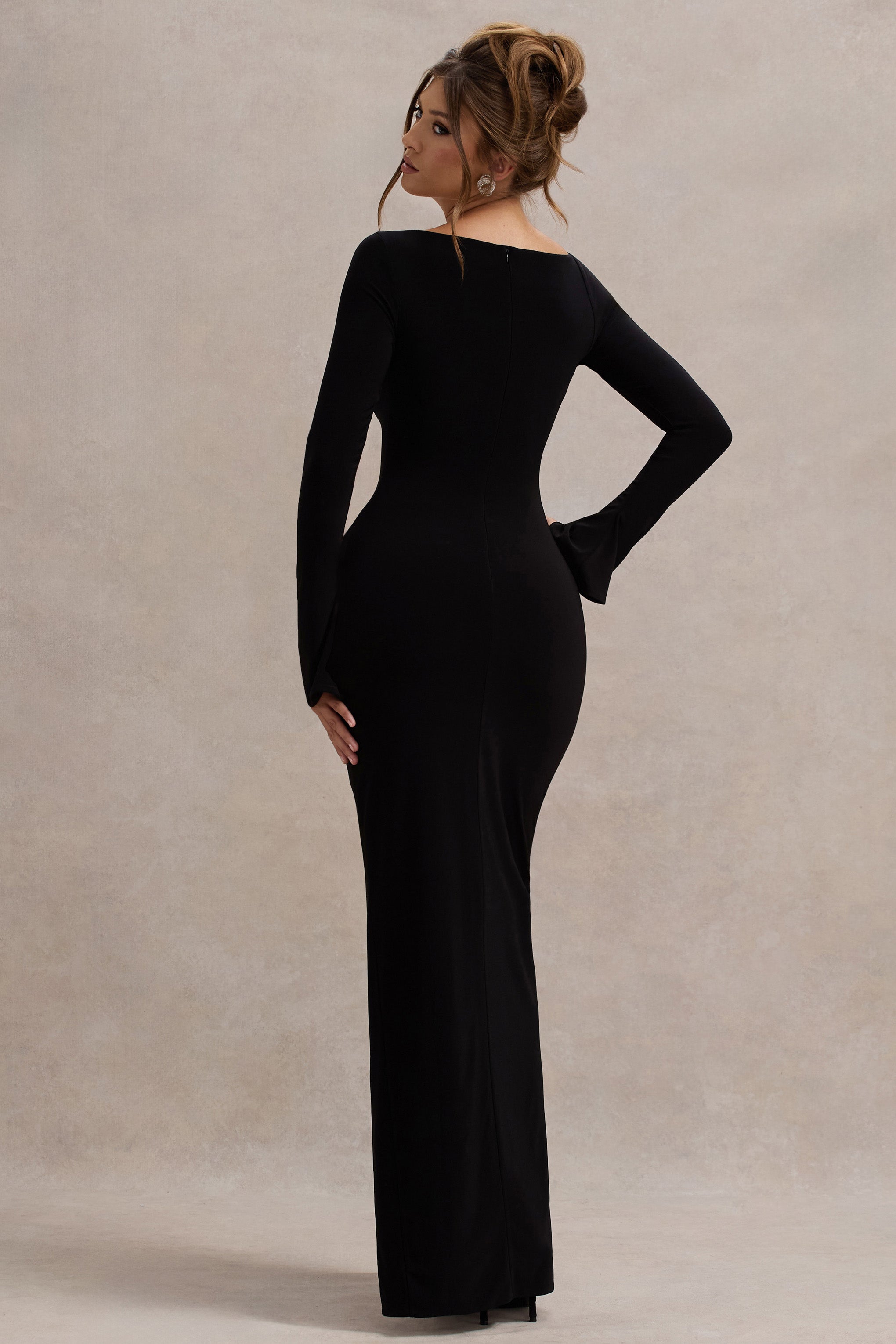 Cosmos | Black Asymmetric Long-Sleeve Split Maxi Dress – Club L