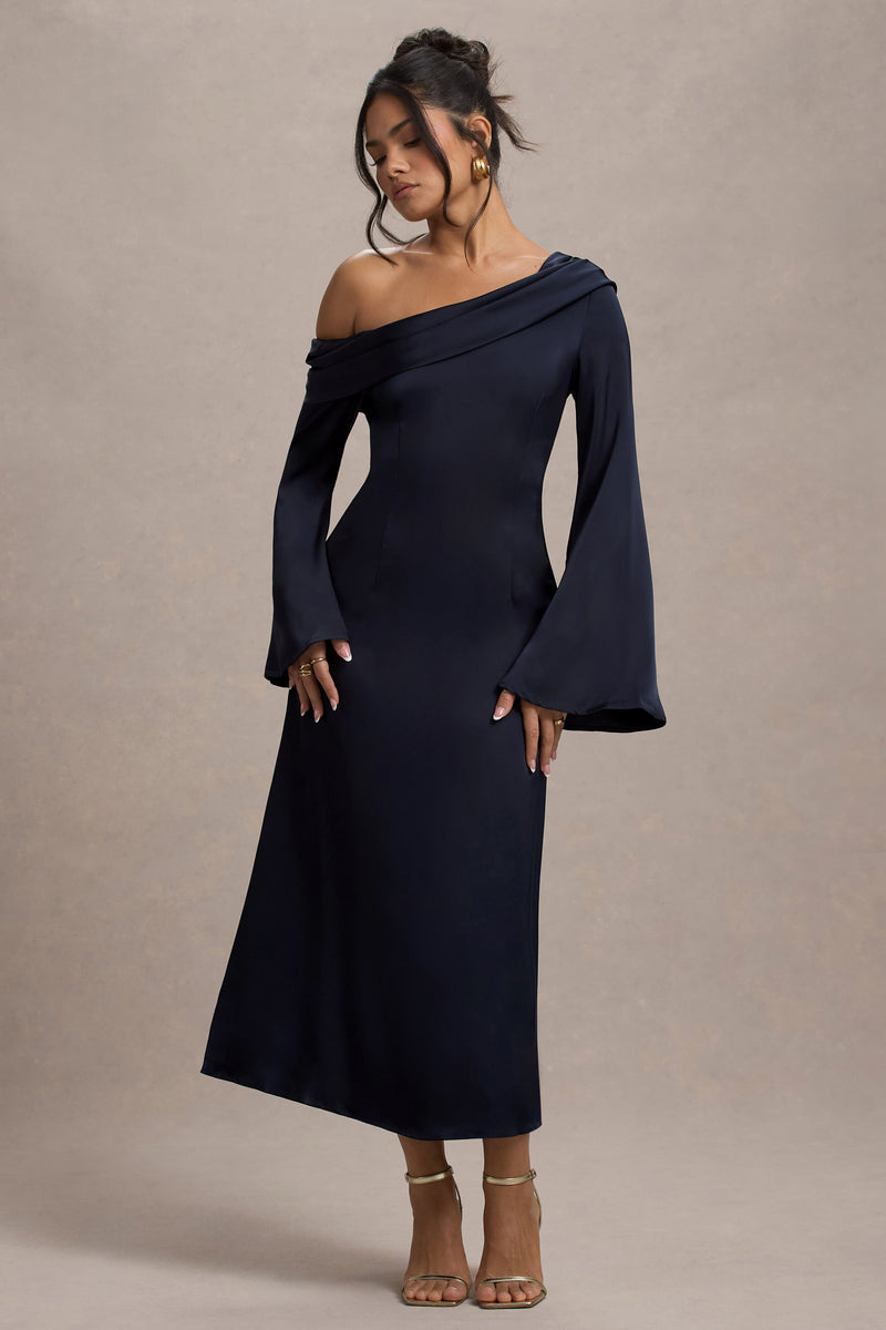Astral Navy Satin Asymmetric FlaredSleeve Midi Dress Club L London USA