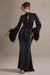 Cosmic Star | Black Sequin High-Neck Maxi Dress With Feather Cuffs