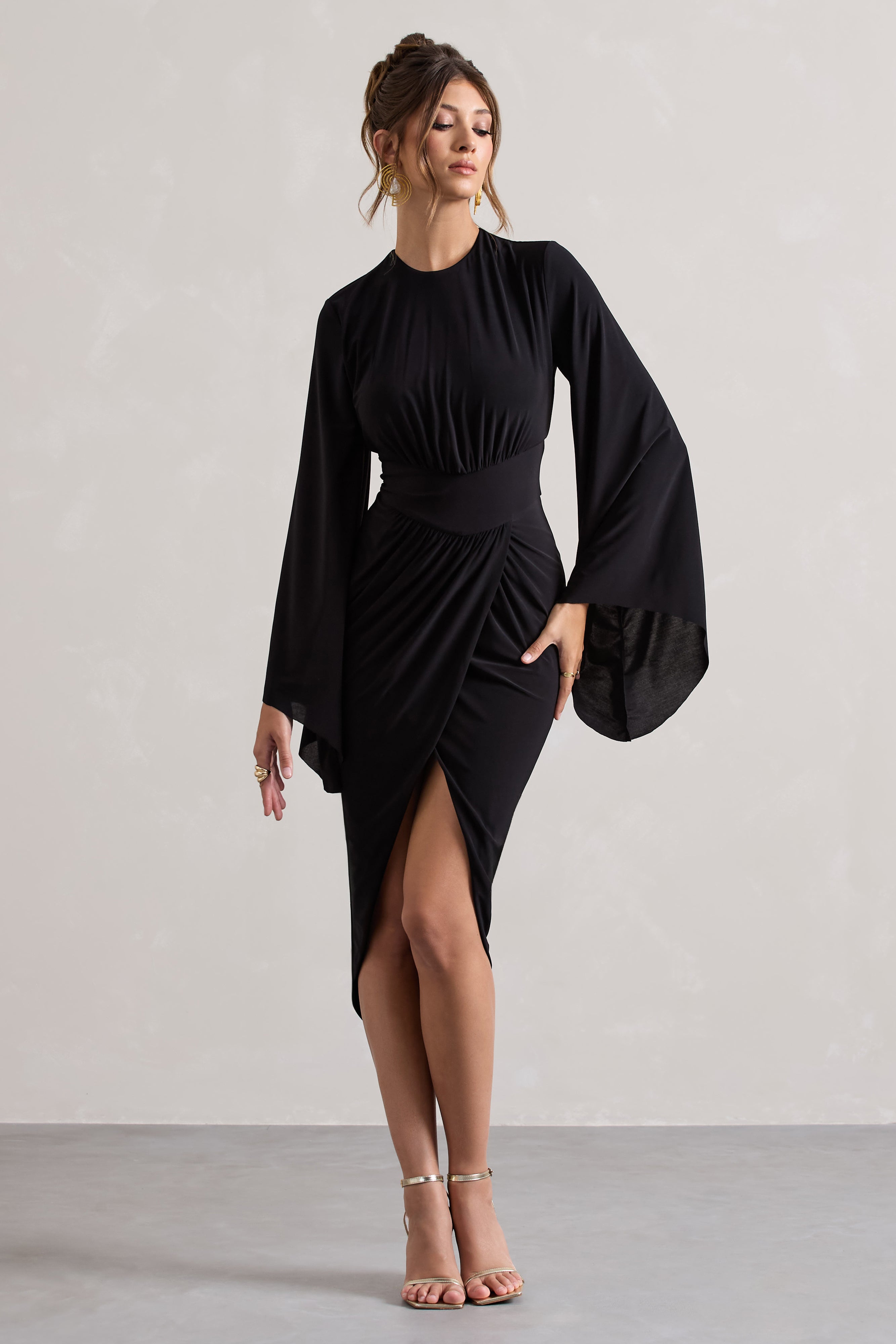 Lennox Black Drape-Sleeve Gathered Midi Dress – Club L