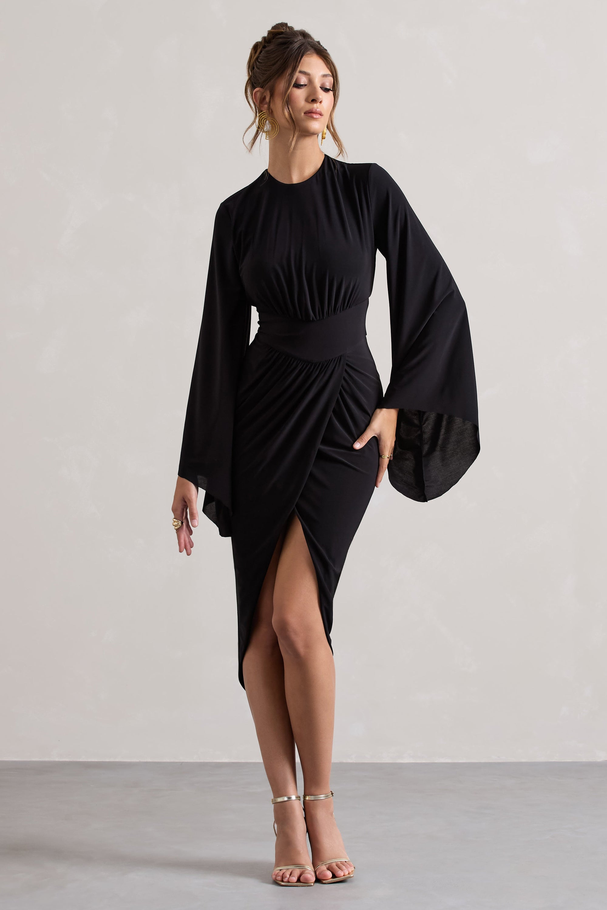 Lennox | Black Drape-Sleeve Gathered Midi Dress - Club L London - USA