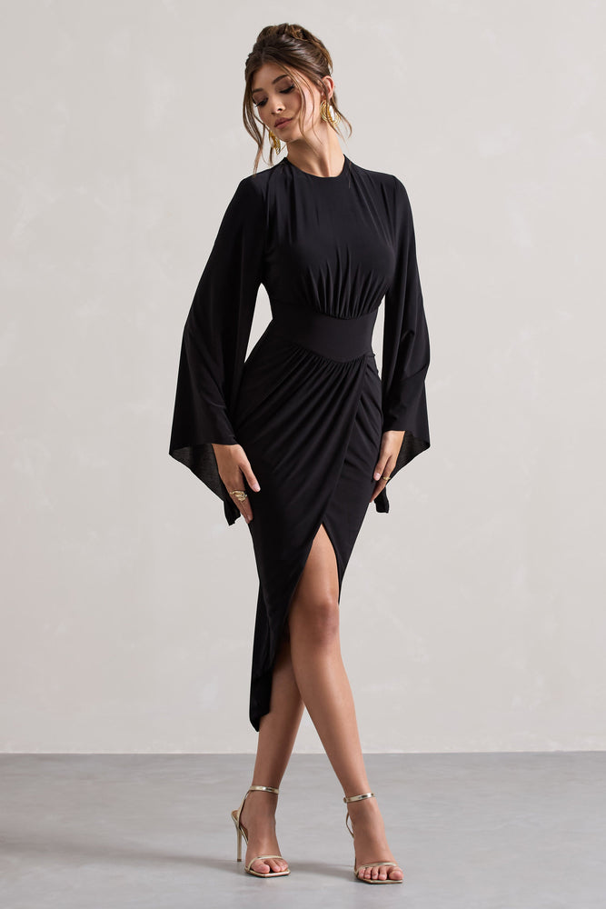 Lennox | Black Drape-Sleeve Gathered Midi Dress - UK 8 Black Lennox | Black Drape-Sleeve Gathered Midi Dress - UK 8 Black