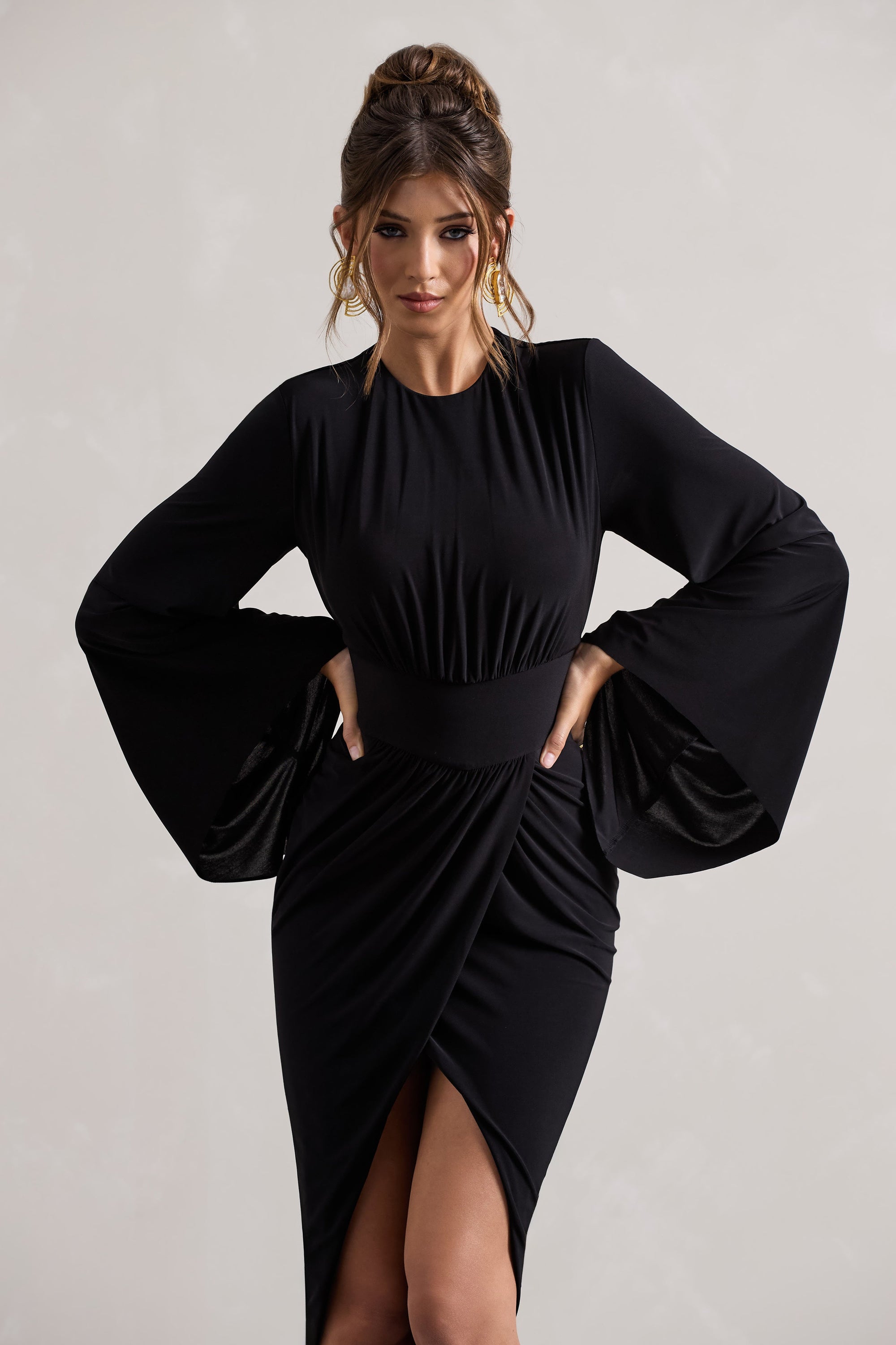 Lennox | Black Drape-Sleeve Gathered Midi Dress - Club L London - USA