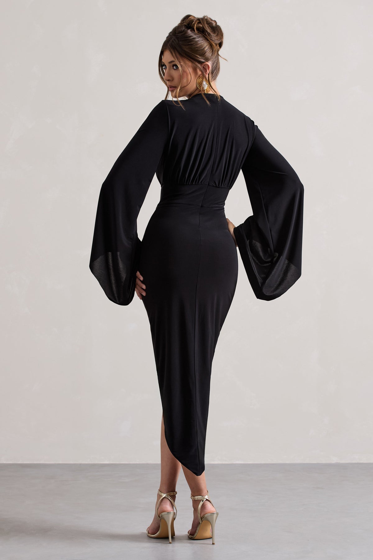 Lennox Black Drape-Sleeve Gathered Midi Dress Club L London - USA Lennox Black Drape-Sleeve Gathered Midi Dress Club L London - USA