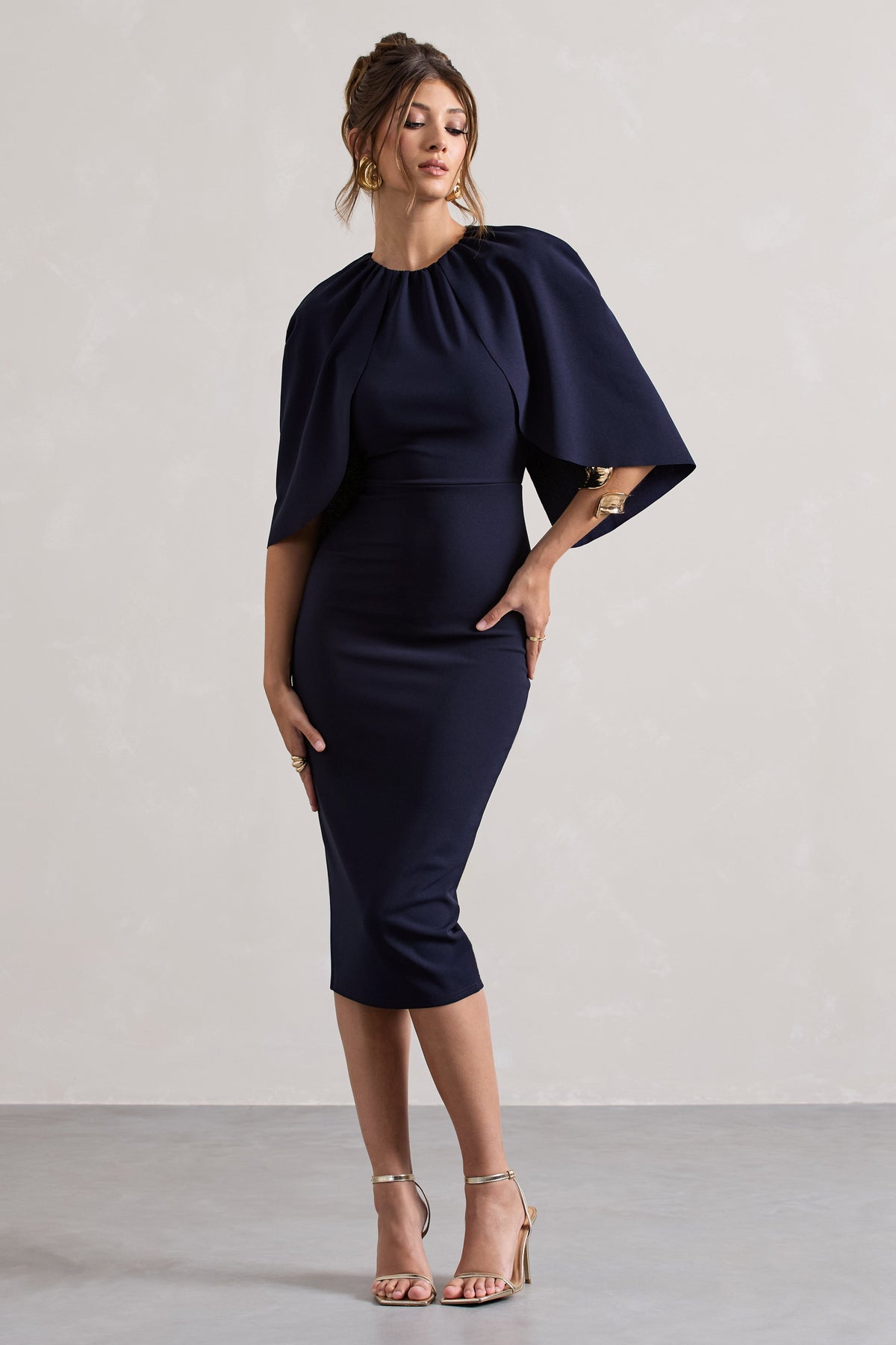 Sweeney | Navy Draped Short-Sleeve Midi Dress