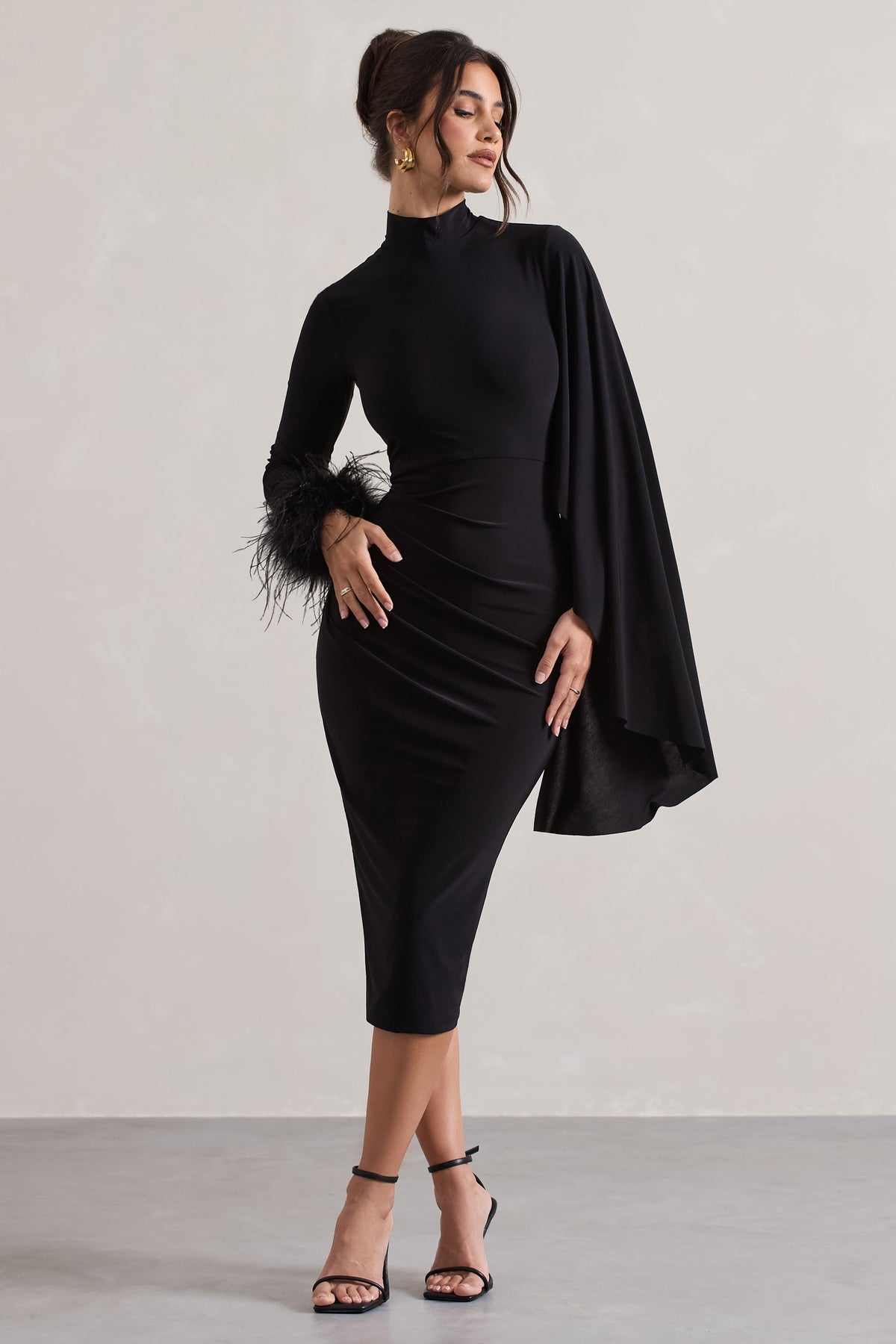 Tamika | Black High-Neck Cape-Sleeve Midi Dress With Feathers