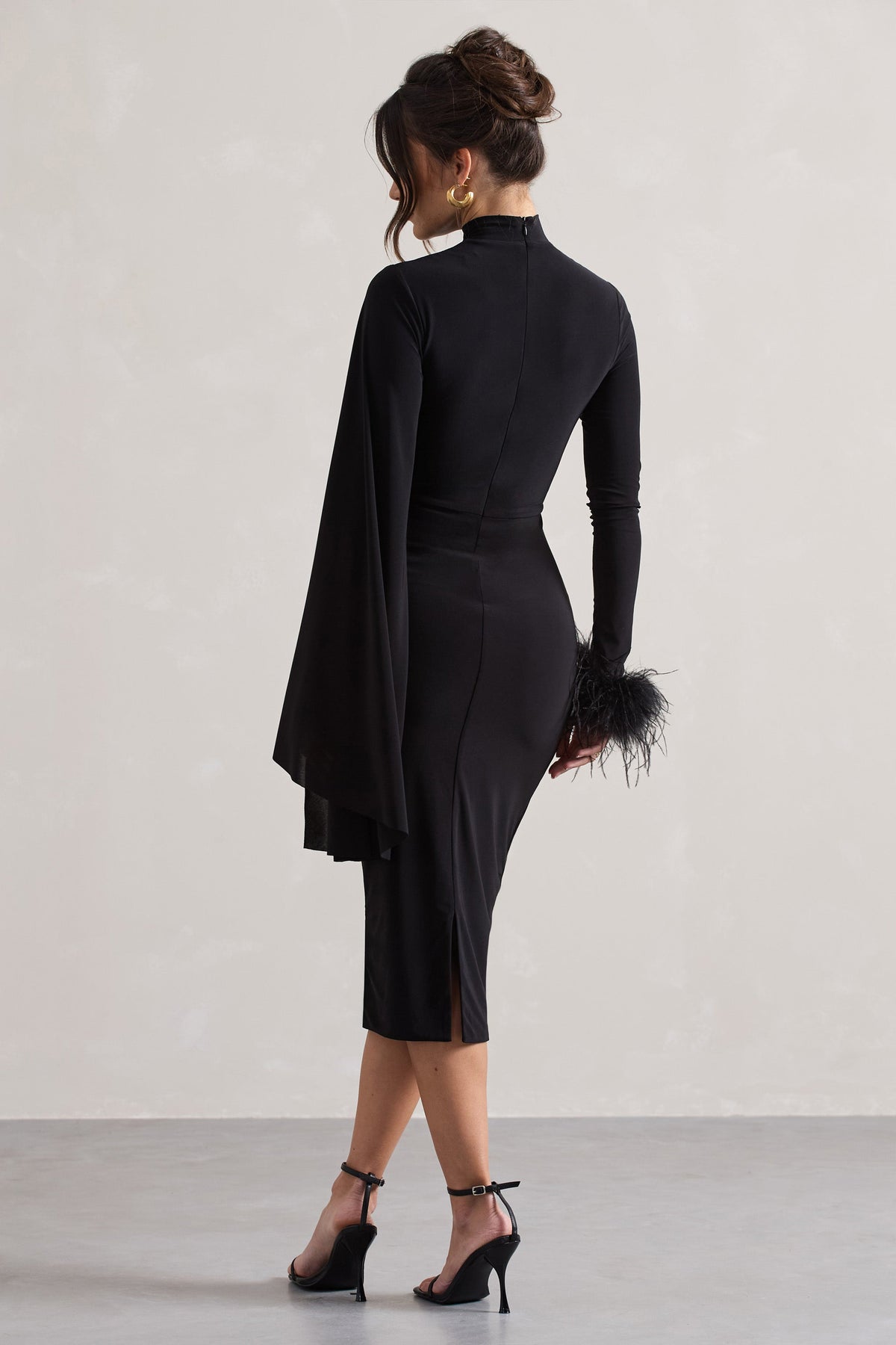 Tamika | Black High-Neck Cape-Sleeve Midi Dress With Feathers