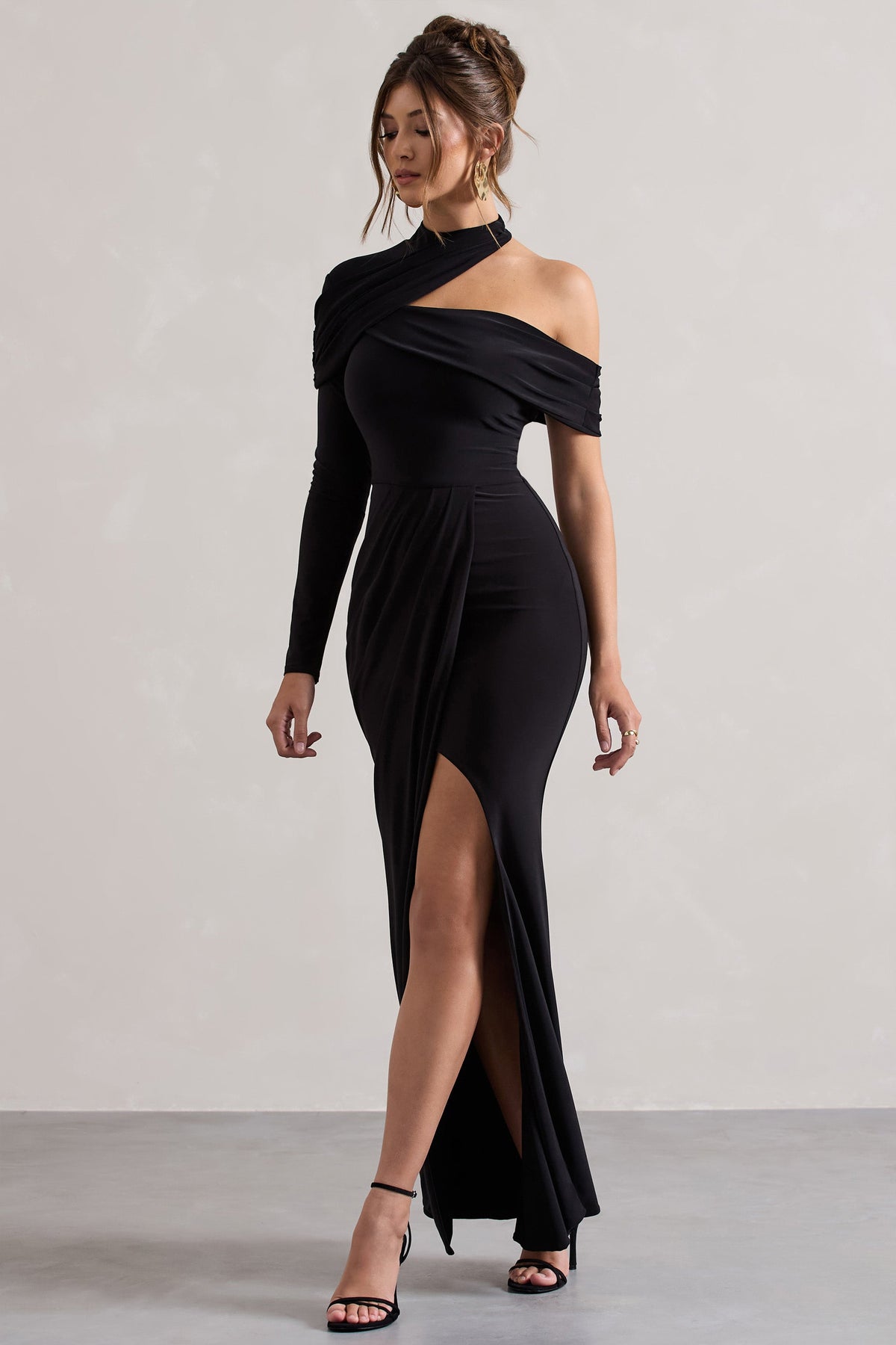 Tyla Black Asymmetric High-Neck Split Maxi Dress Club L London - USA Tyla Black Asymmetric High-Neck Split Maxi Dress Club L London - USA