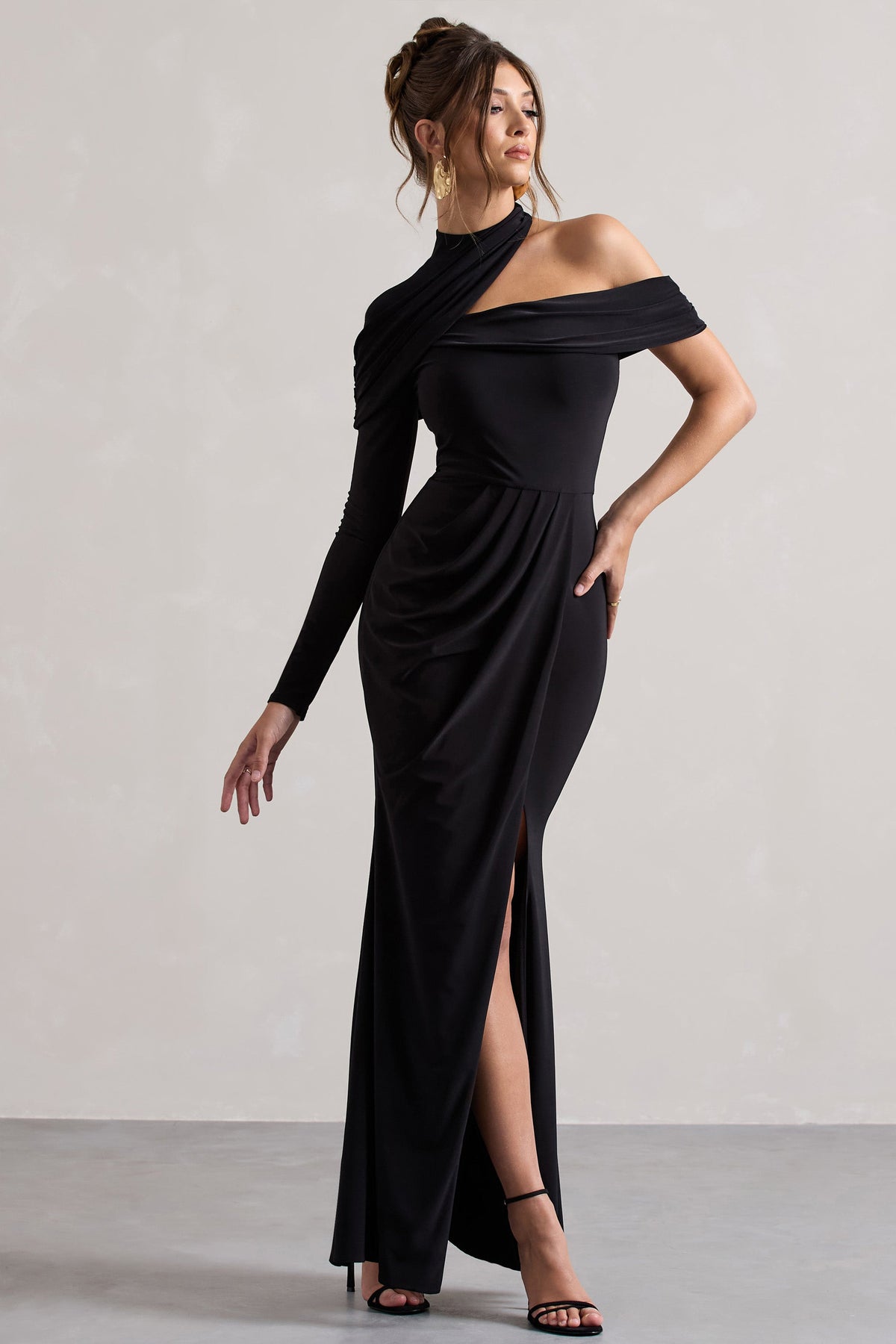 Tyla | Black Asymmetric High-Neck Split Maxi Dress