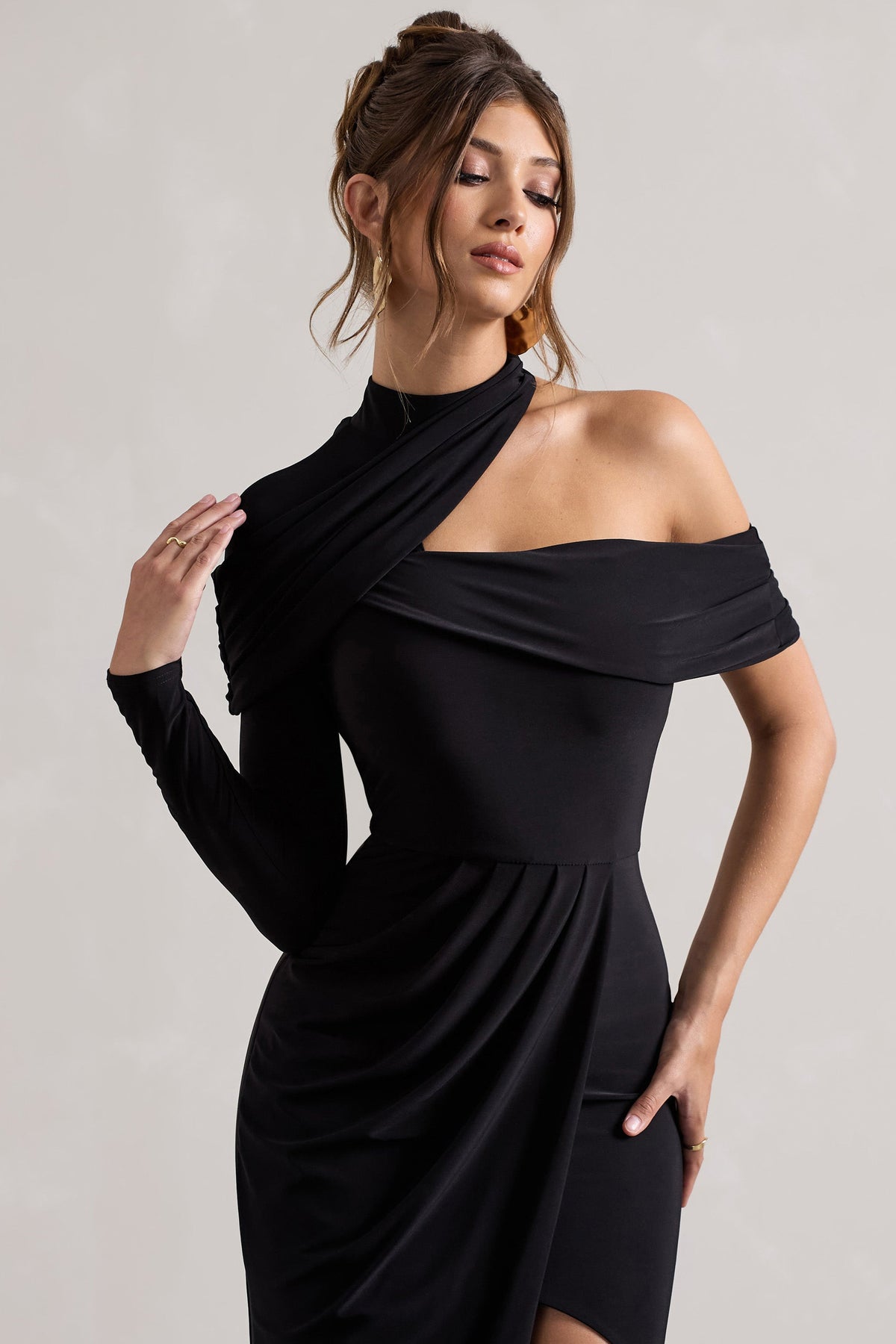 Tyla Black Asymmetric High-Neck Split Maxi Dress Club L London - USA Tyla Black Asymmetric High-Neck Split Maxi Dress Club L London - USA