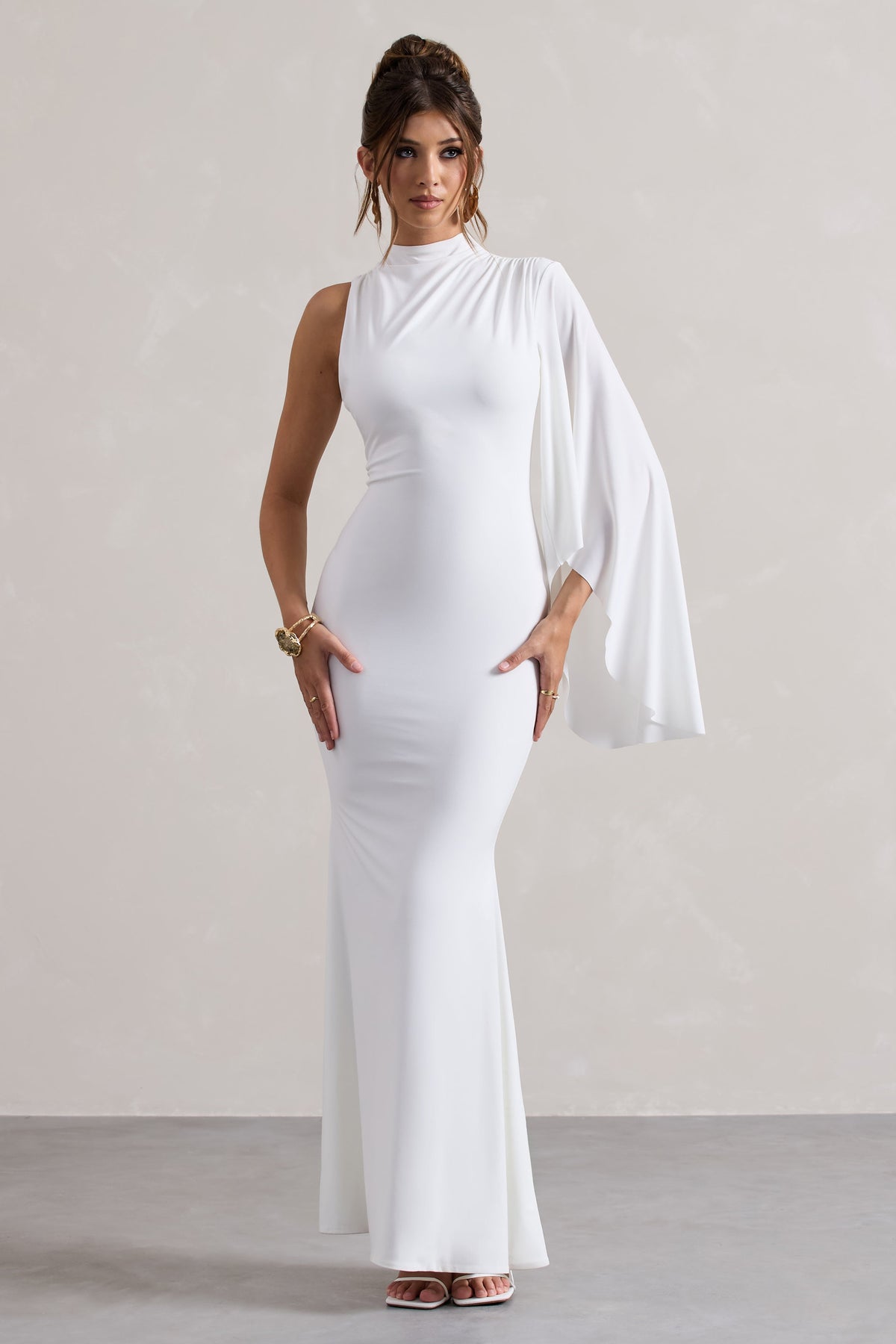 Samaya | White High-Neck Cape-Sleeve Maxi Dress