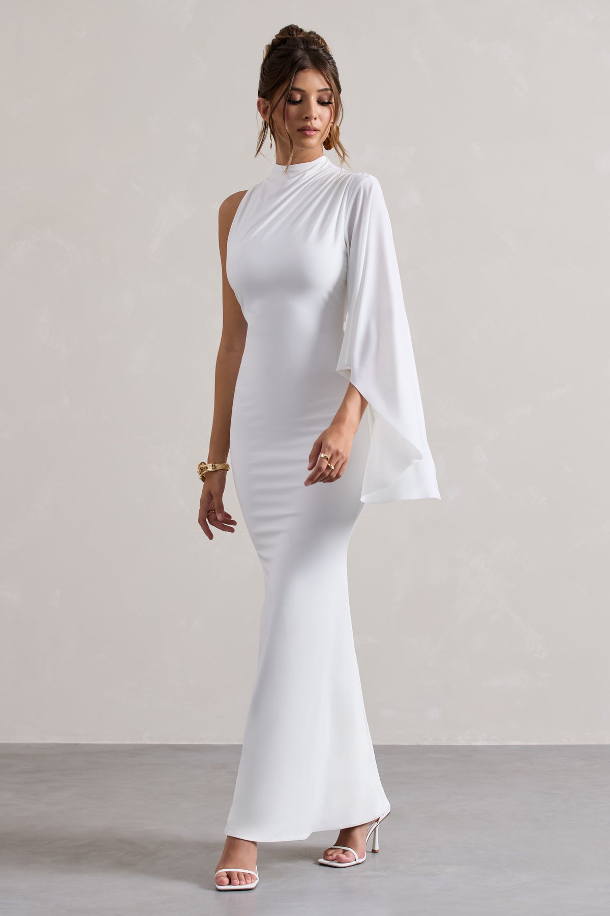 Samaya | White High-Neck Cape-Sleeve Maxi Dress