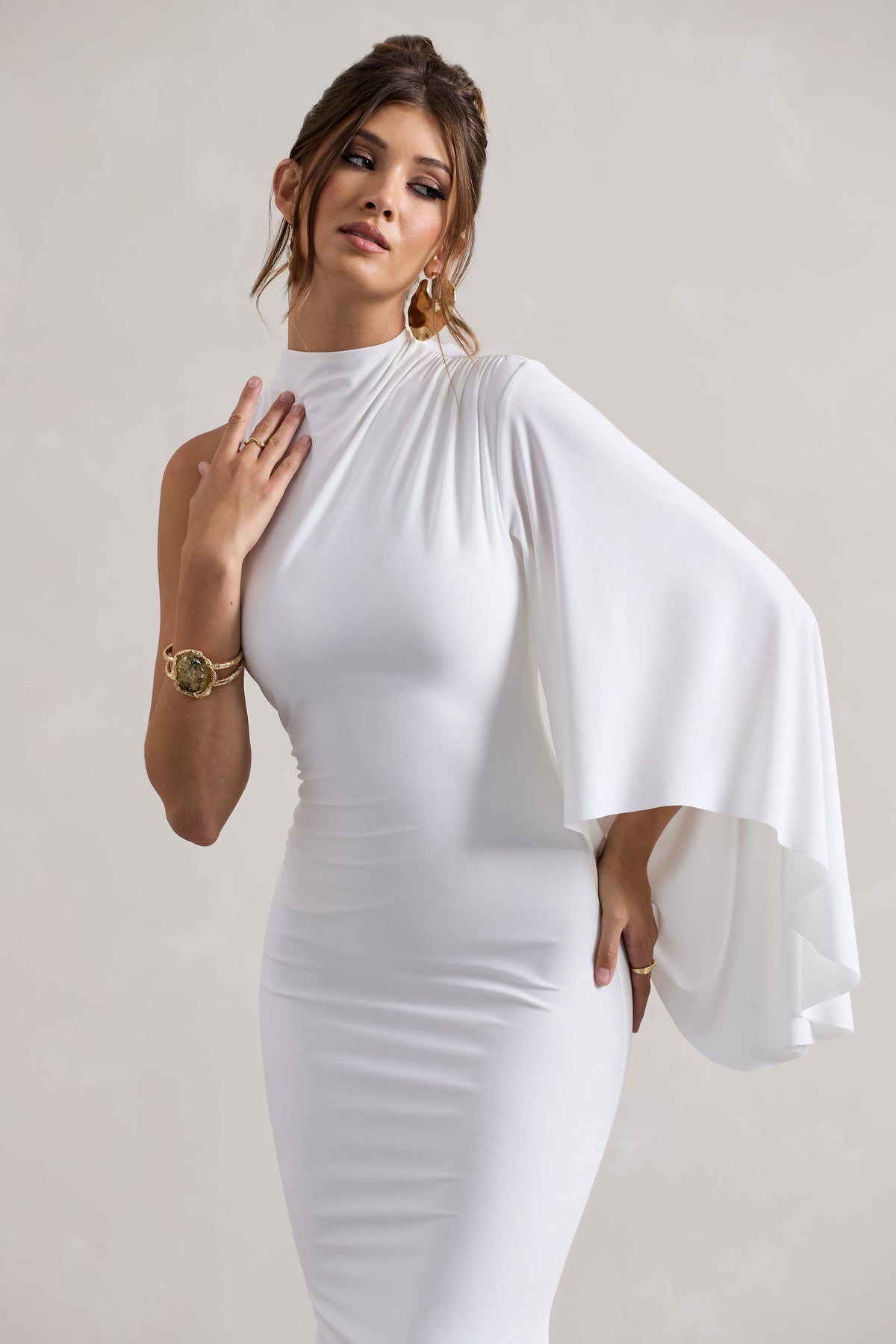 Samaya | White High-Neck Cape-Sleeve Maxi Dress