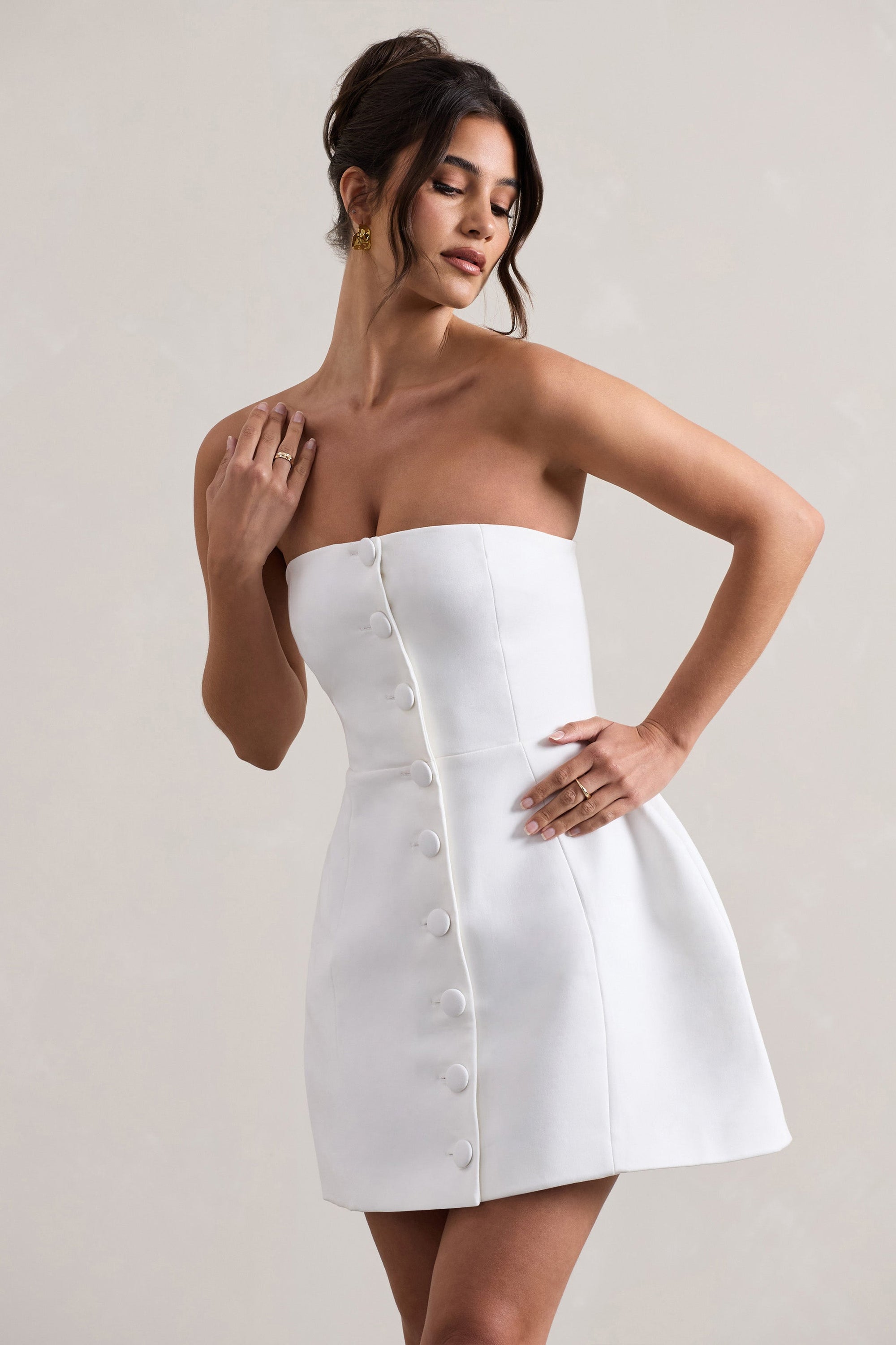 Anniston | White Bandeau Tailored Buttoned Mini Dress - Club L London - USA