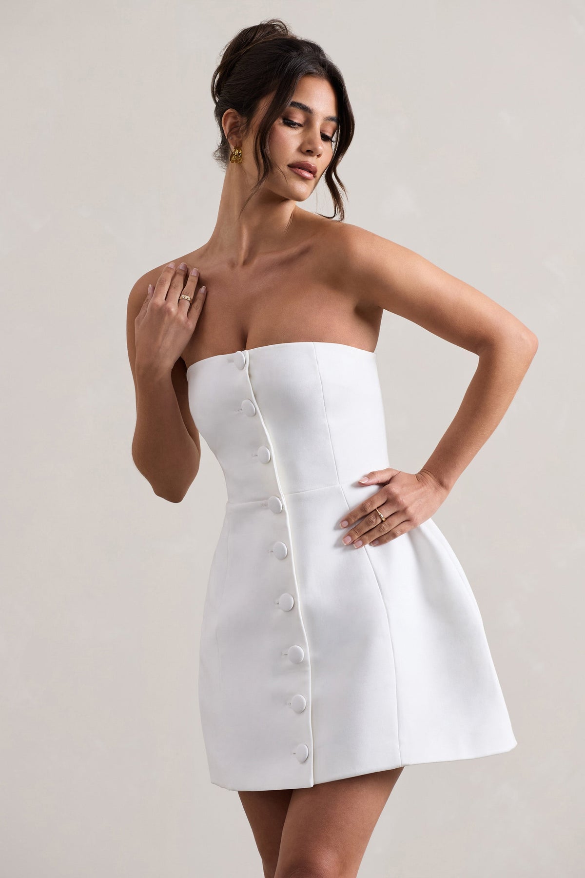 Anniston White Bandeau Tailored Buttoned Mini Dress Club L London - USA Anniston White Bandeau Tailored Buttoned Mini Dress Club L London - USA