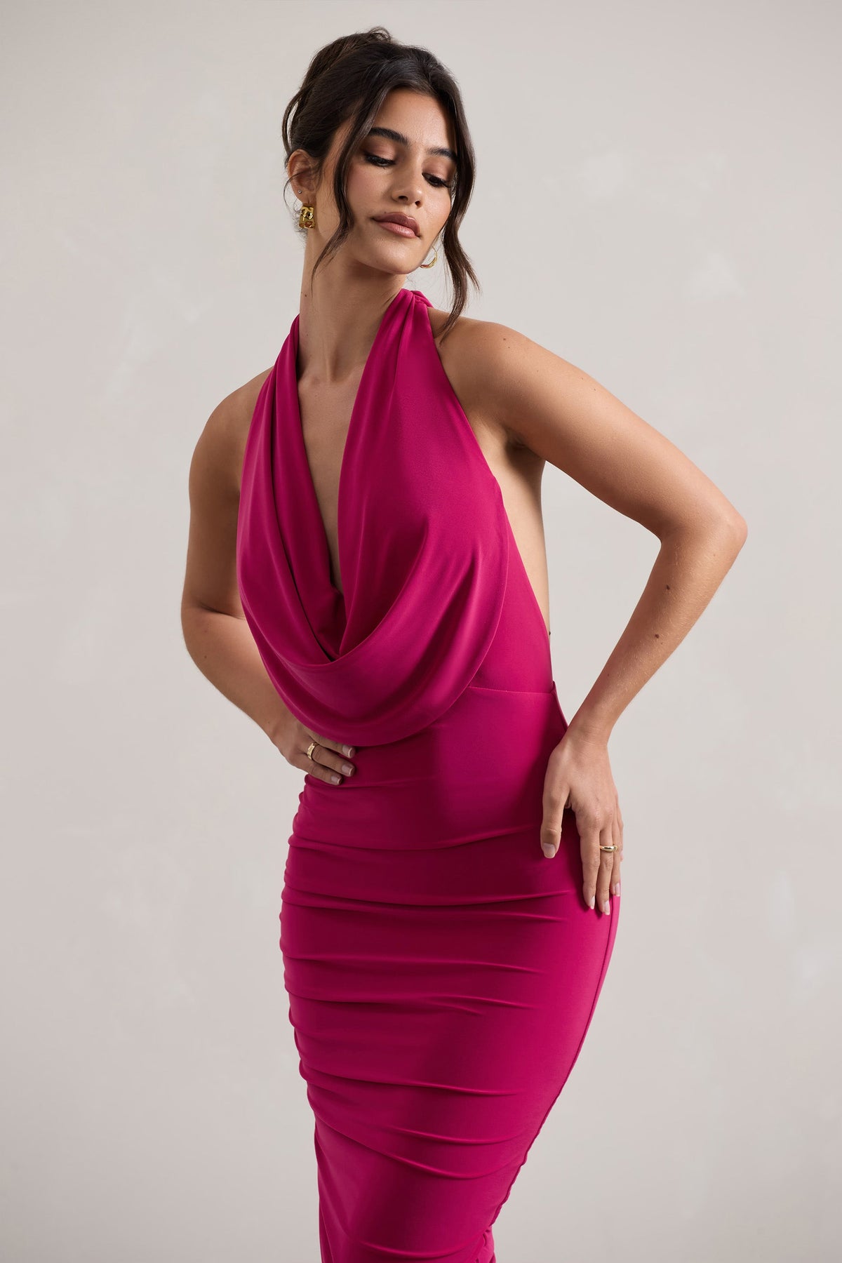 Hayley Hot Pink Cowl-Neck Asymmetric Maxi Dress Club L London - USA Hayley Hot Pink Cowl-Neck Asymmetric Maxi Dress Club L London - USA