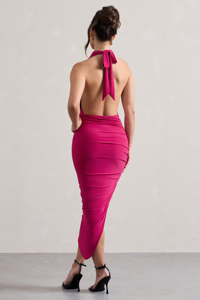 strapless open back dress Hayley Hot Pink Cowl-Neck Asymmetric Maxi Dress – Club L London