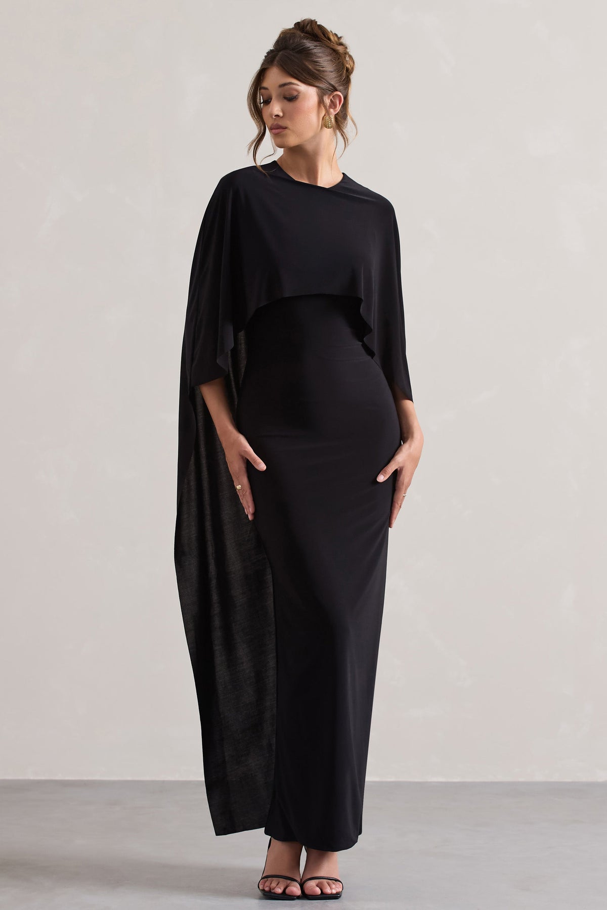 Palena | Black Draped Maxi Dress With Cape Sleeves