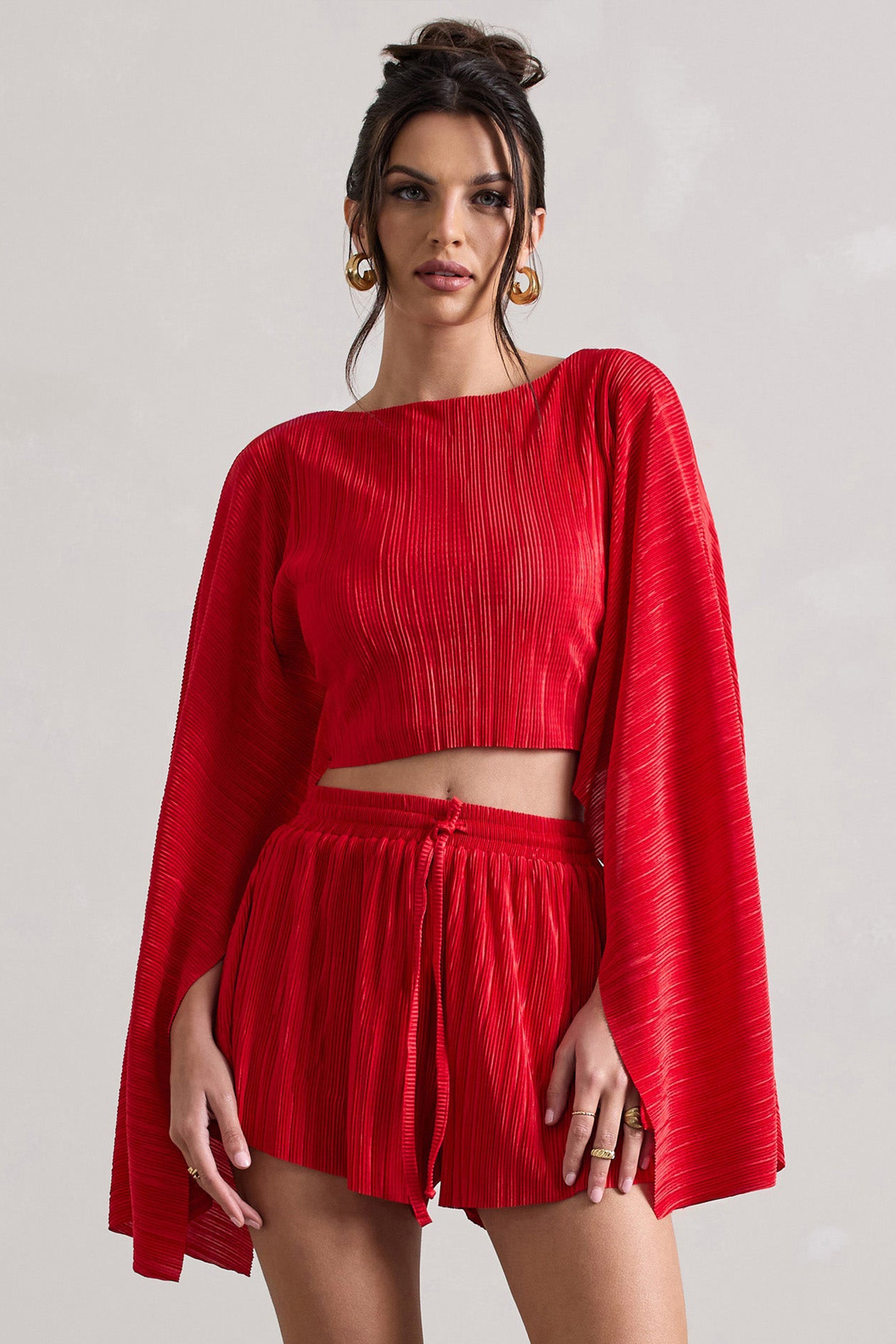 Flare | Red Plisse Cape Sleeve Crop Top – Club L London - USA