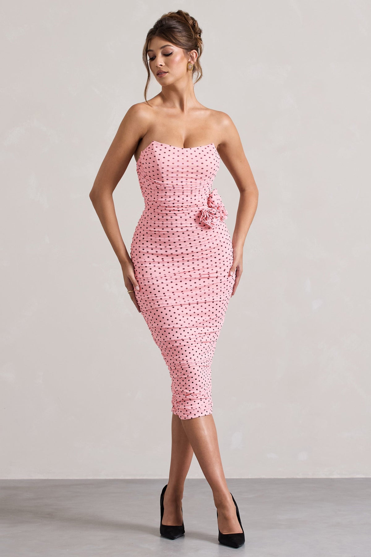 Lille Pink Polka Dot Ruched Mesh Strapless Midi Dress With