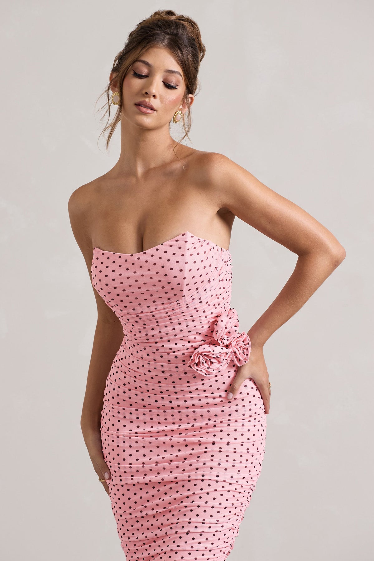 Lille Pink Polka Dot Ruched Mesh Strapless Midi Dress With Lille Pink Polka Dot Ruched Mesh Strapless Midi Dress With