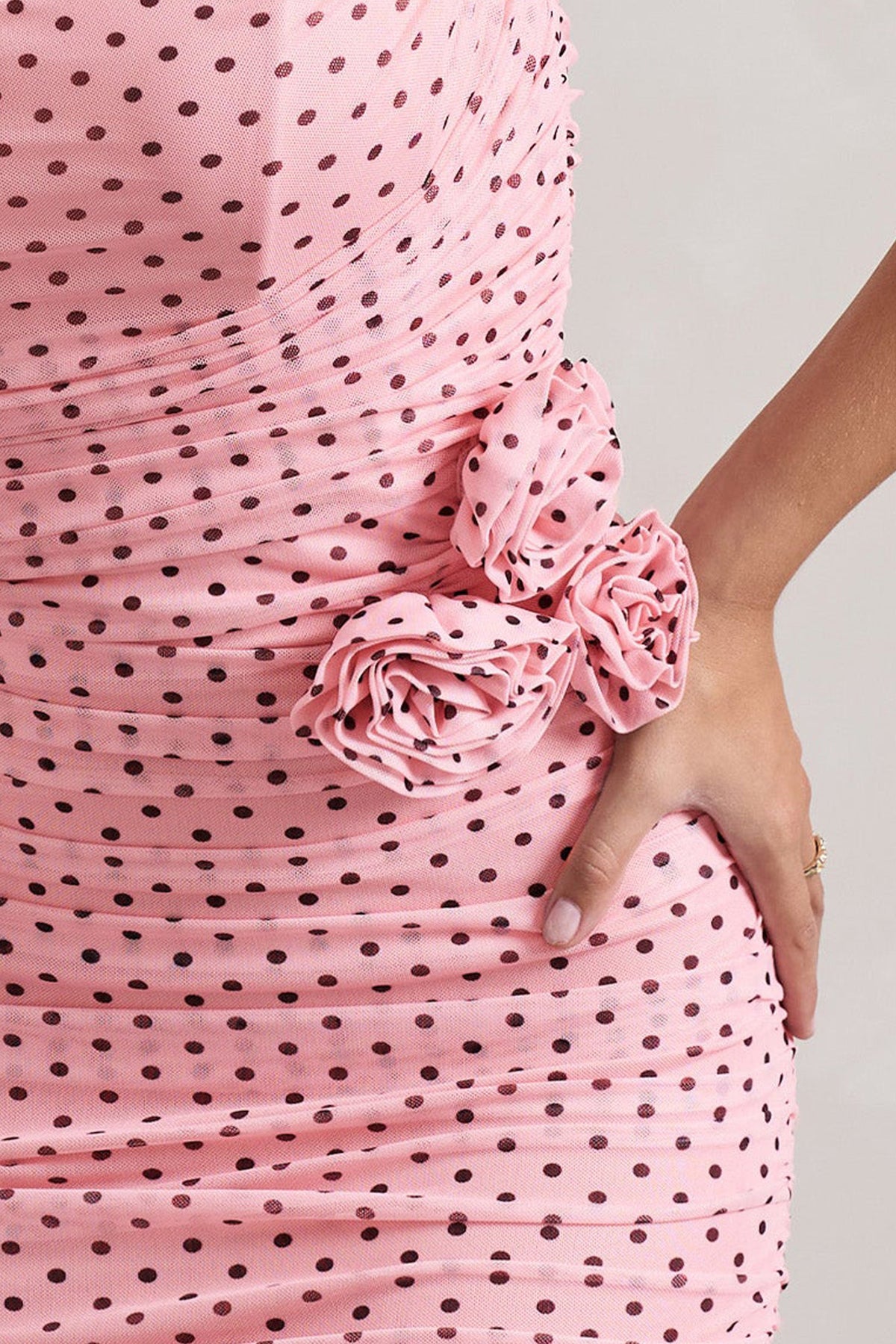 Lille Pink Polka Dot Ruched Mesh Strapless Midi Dress With Corsage – Club L  London - USA